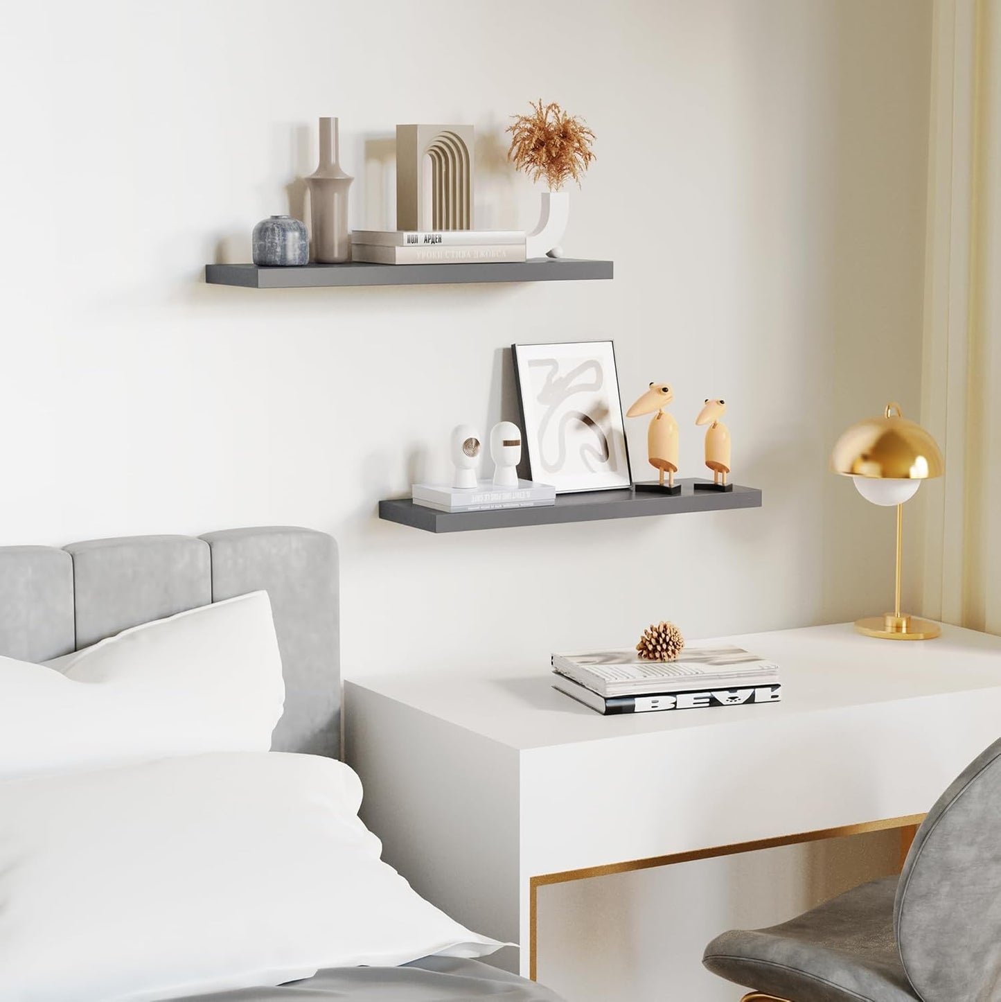 Floating Shelves for Wall, Gray Wood Wall Shelf Set of 2, 24" Walls Mounted Floating Shelf for Kitchen, Living Room, Bedroom, Bathroom Storage, Book Shelf for Walls Home Decor, Frame Display