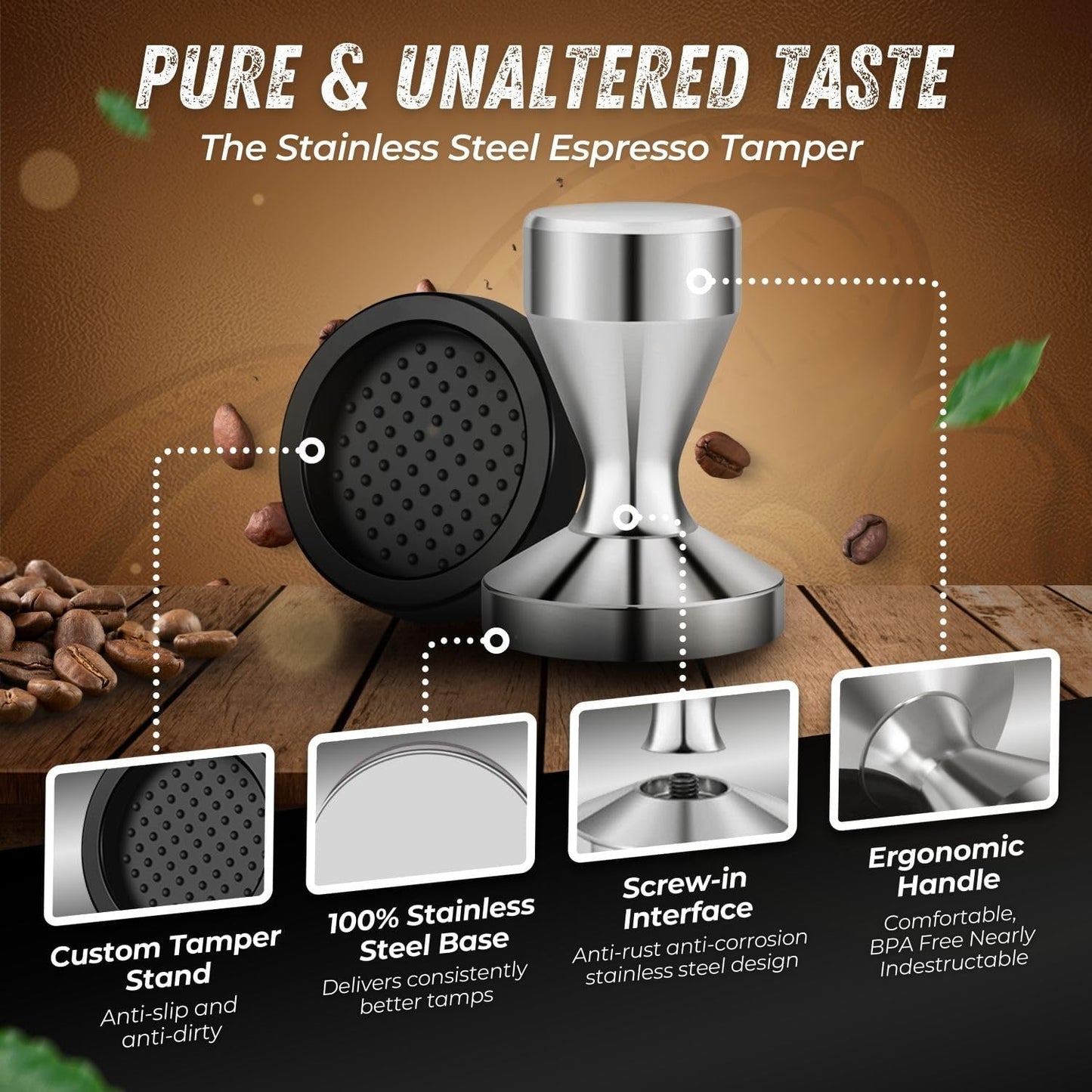 Flexzion Coffee Tamper 58mm Espresso Tamper Tool, Stainless Steel Barista-Quality Hand Press Espresso Maker with Ergonomic Silver Handle for Home and Professional Use