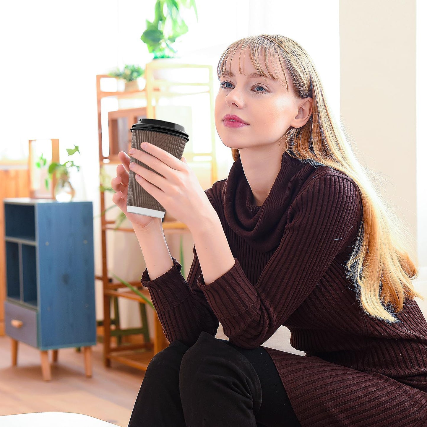 Qunclay Disposable Coffee Cups with Lids,16 oz (80 Pack) Togo Hot Paper Coffee Cup with Leak-Proof Lid To Go for Hot/Cold Beverages Insulated Reusable Drinks Corrugated Ripple Cups (Brown)