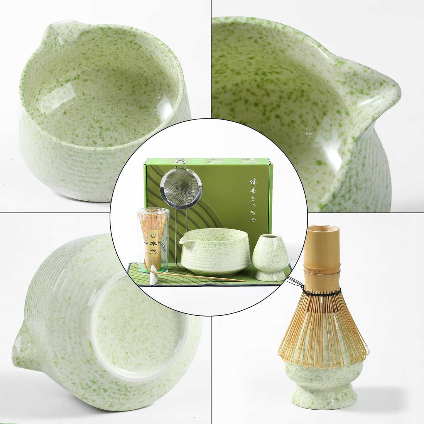 Matcha Whisk Set, Ceramic Matcha Set with Spout, Matcha Bowl Kit with Sifter, Whisk and Holder, Bamboo Scoop, Scoop Rest, Tea Towel, 7 Pcs Matcha Kit Set for Making Breakfast/Latte for Matcha Lovers