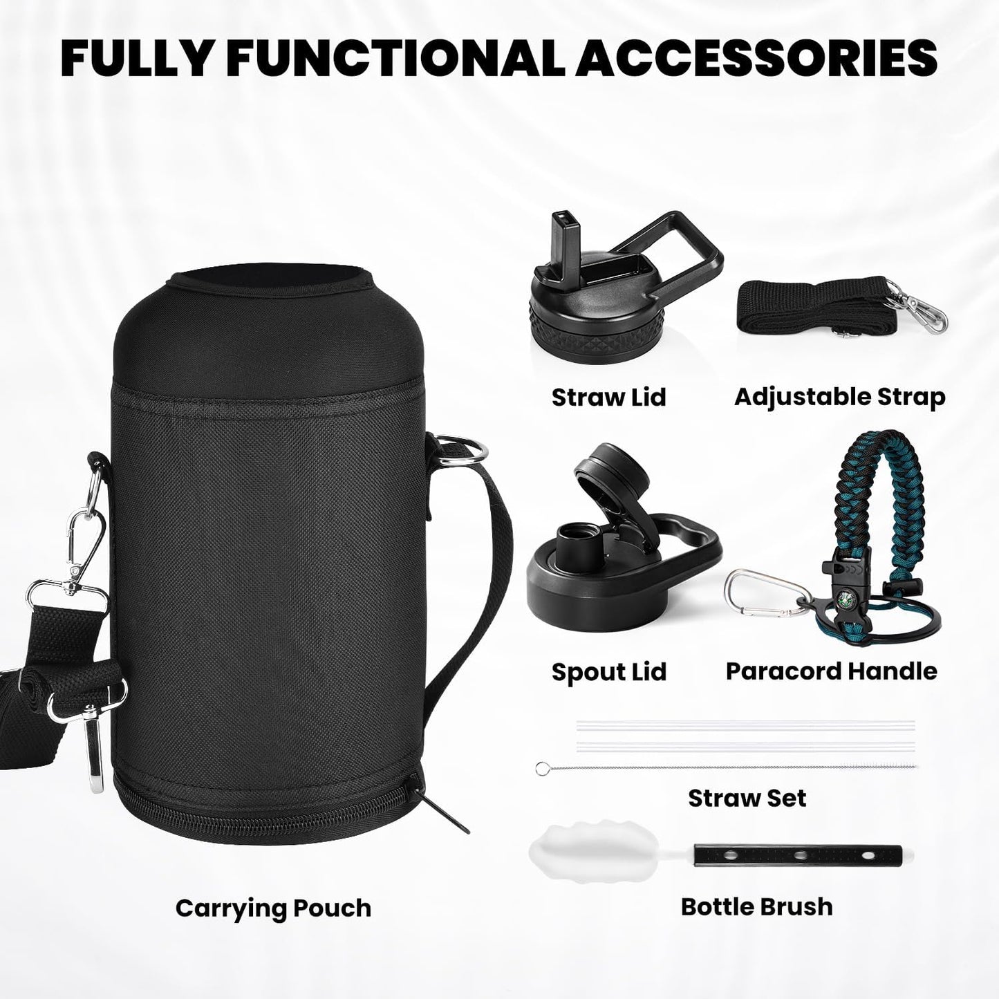 Insulated Water Bottle 64 oz, Triple Wall Vacuum Stainless Steel (Cold for 48 Hrs), Leak Proof & Non-BPA, Half Gallon Water Flask Jug with Paracord Handle & Straw Spout Lids