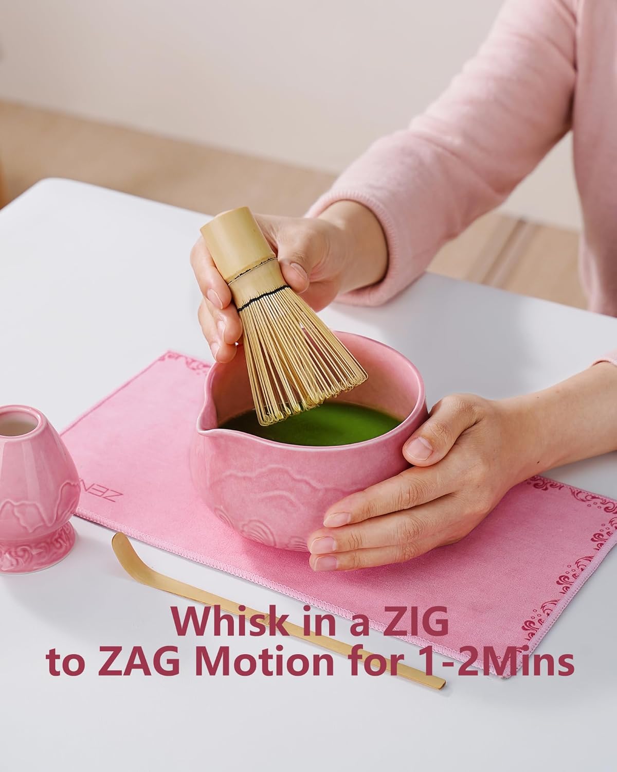 ZENS Pink Matcha Set, Matcha Whisk Set Includes Ceramic Bowl, Matcha Whisk and Chasen Holder, Bamboo Scoop-Tea Towel, 5pcs Matcha Kit Set for Matcha Lovers, Sakura Pink