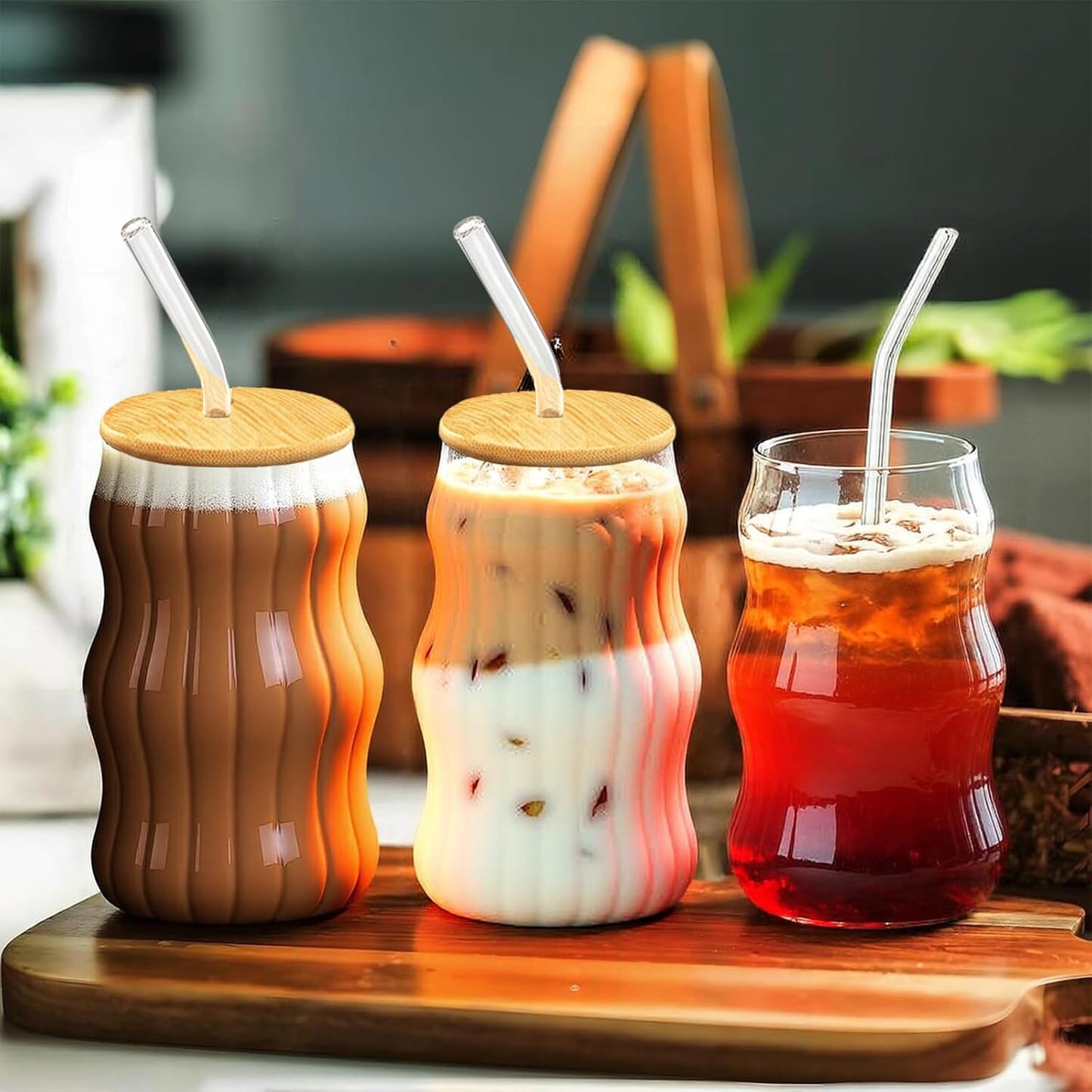 2 PCS Ribbed Cute Glass Cups,18 Oz Iced Coffee Glasses with Lids and Straws Iced Coffee Cups Glass