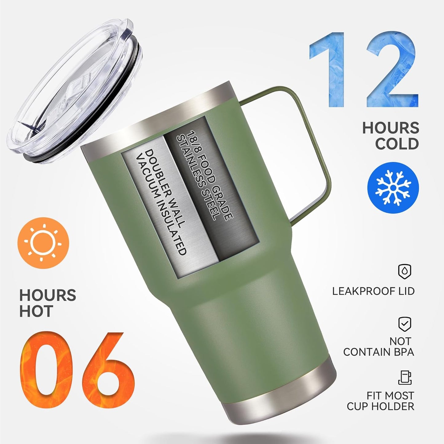 30 oz Tumbler with Handle and Lid, Stainless Steel Tumblers Bulk Double Wall Vacuum Insulated Travel Mug Leak Proof Cup Keep Drinks Cold and Hot Army Green, 12 Pack