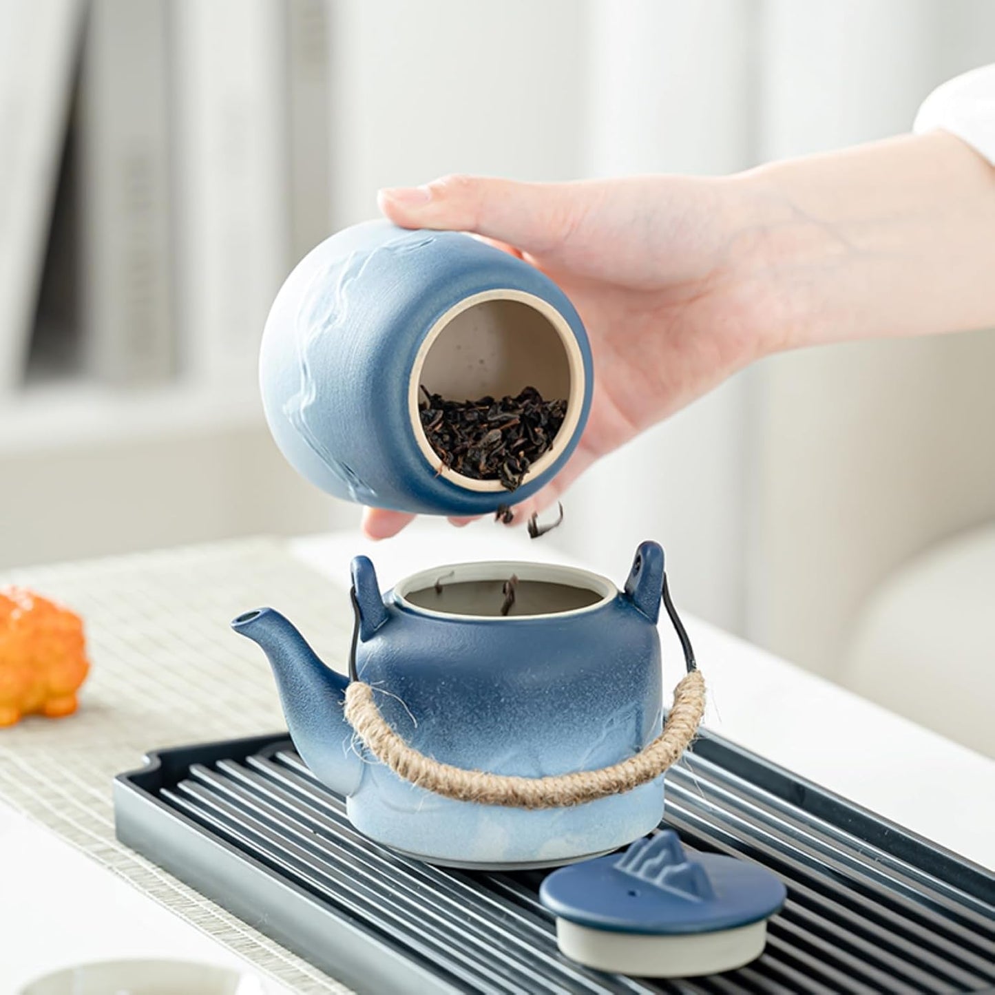 ICHAG Chinese Tea Set, Japanese Tea Sets for Adults, 15-Piece Porcelain Gongfu Tea Set with Tea Pet & Tea Tray, Japanese Teapot Set, Travel Tea Party Set, for Home/Office/Outdoor/Gifts (Blue)