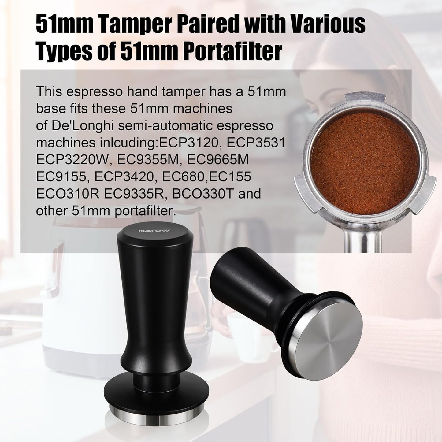 51mm Espresso Hand Tamper, MATOW Dual Calibrated Spring Loaded Coffee Tamper with Stainless Steel Flat Base, Pro-barista 30lbs Espresso Tamper with Anodized Aluminum Handle