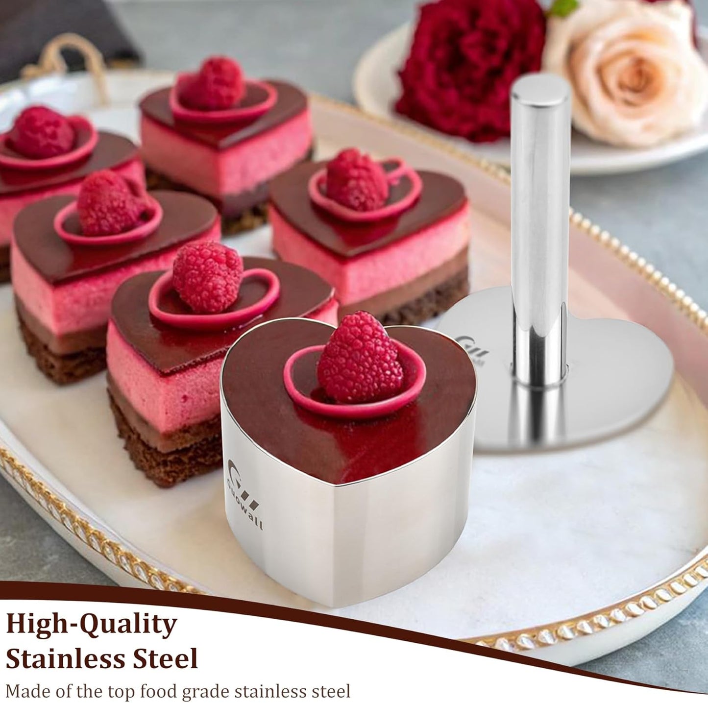 Guowall Heart Shaped Seamless Cake Ring, 3 inch Mousse Mold for Baking, Nonstick Stainless Steel Heart Dessert Mould Set, Includes 1 lifter, 1 pusher and 6 rings