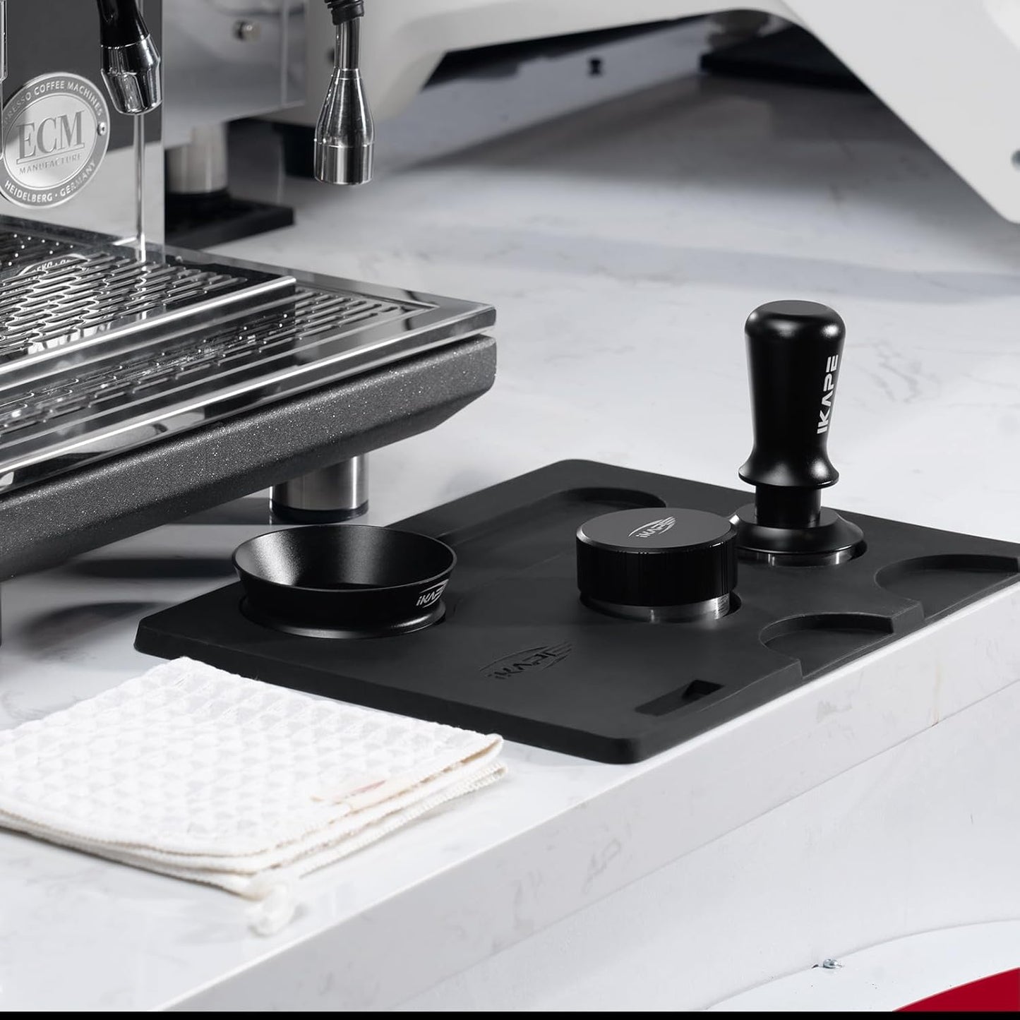 IKAPE 53MM Coffee Tamper Set Black 6 IN 1, Espresso Tamper, Distributor, Magnetic Dosing Funnel, Silicone Mat, Puck Screen, Cleaning Towel