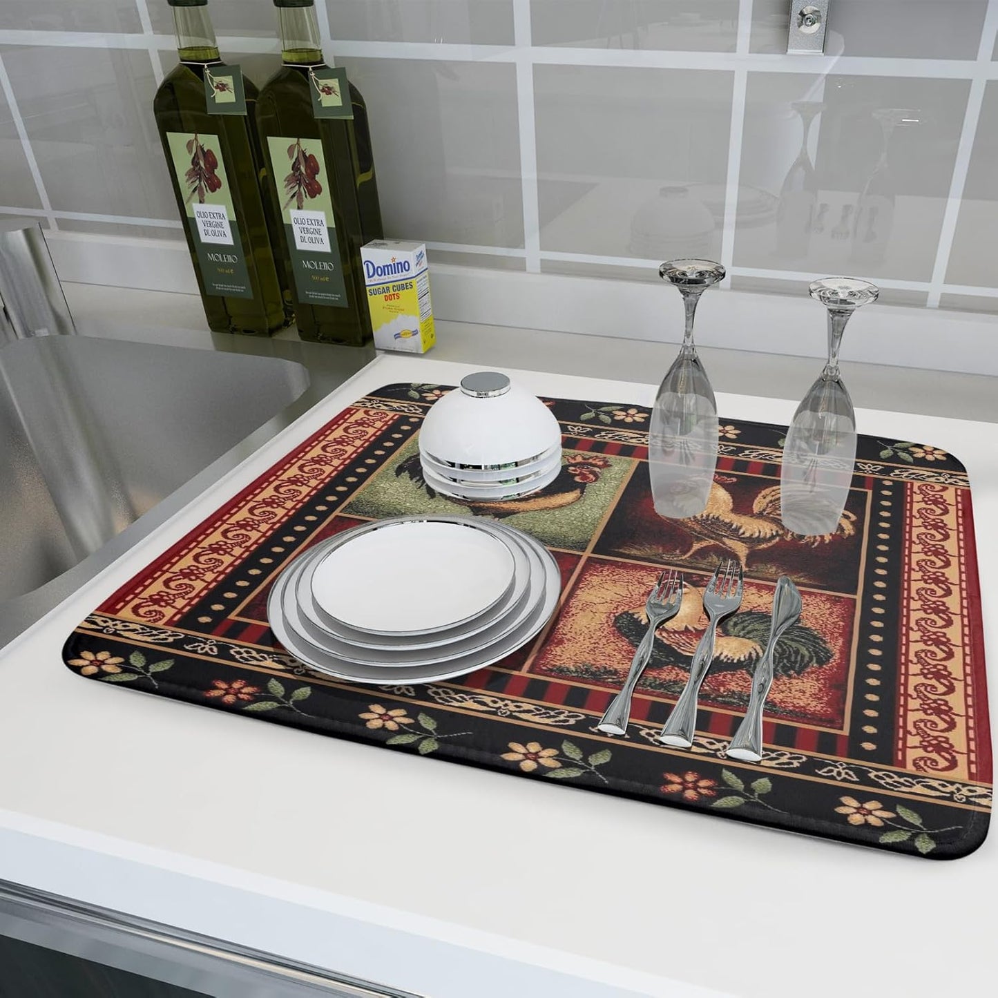 Farmhouse Rooster Dish Drying Mat 18 x 24 Inch Vintage Chicken Flower Absorbent Microfiber Dish Drying Pad Western Country Cabin Decor Dish Drainer Large Mat for Kitchen Counter Coffee Bar