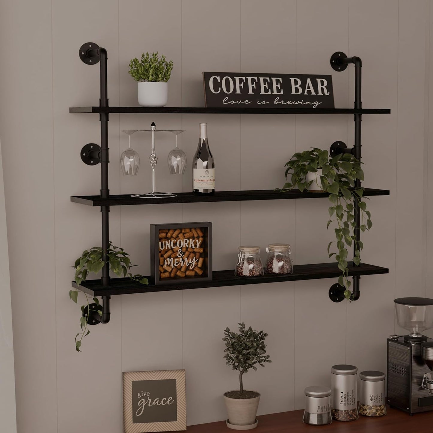 Industrial Pipe Shelving Rustic Black Wall Shelves with Wood Planks Industrial Floating Shelves 48 Inch Farmhouse Bookshelf Pipe Shelves Wall Mounted