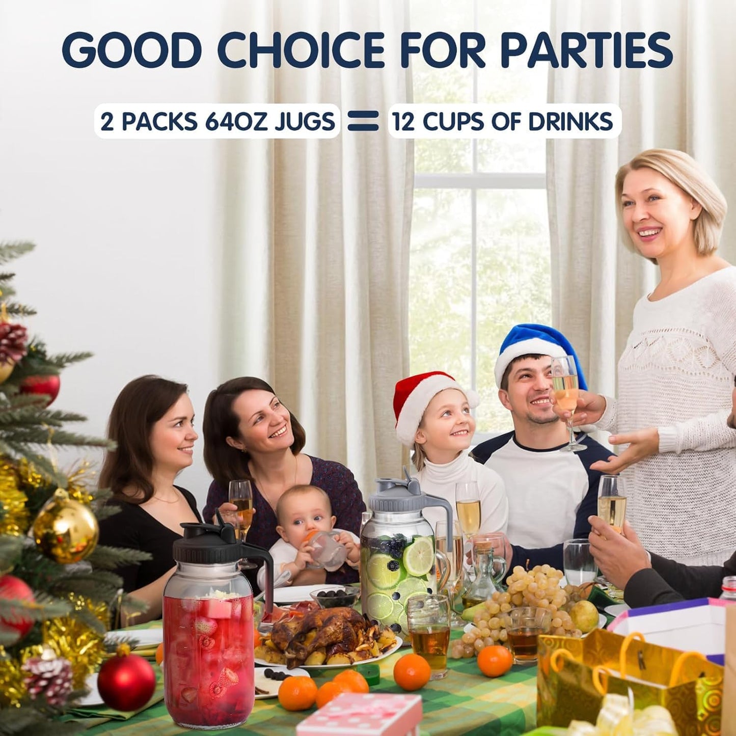 64oz Glass Pitcher with Lid, Wide Mouth Mason Jar Water Jug, Leak-Proof Airtight Mason Jar for Cold Brew Coffee, Iced Tea, Milk, Food Storage, Sun Tea Jug (Black)