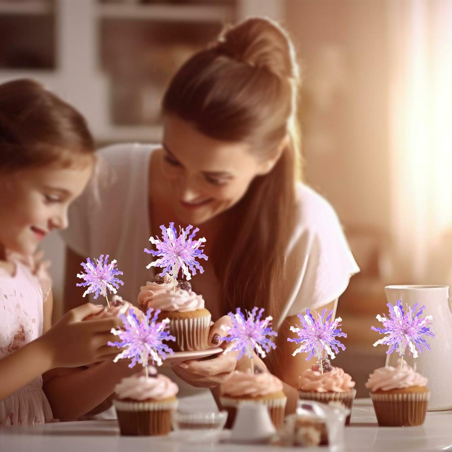 Gyufise 30Pcs Foil Firework Cupcake Toppers Happy Birthday Cake Toppers Tinsel Flower Drink Stirrers Cocktail Food Fruit Toothpicks for Valentine's Day Party Birthday Wedding Supplies Purple