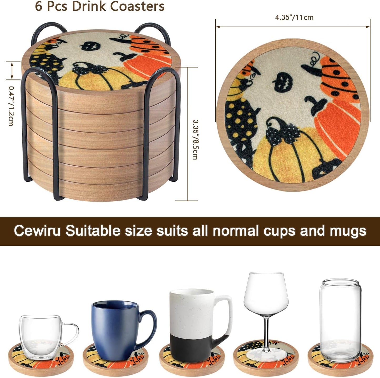Fall Coaster Set of 6 Cewiru Halloween Coasters for Drinks Absorbent Cup Mats for Table Protection Unique Halloween Round Coasters for Coffee Table Kitchen Decor 4.3"