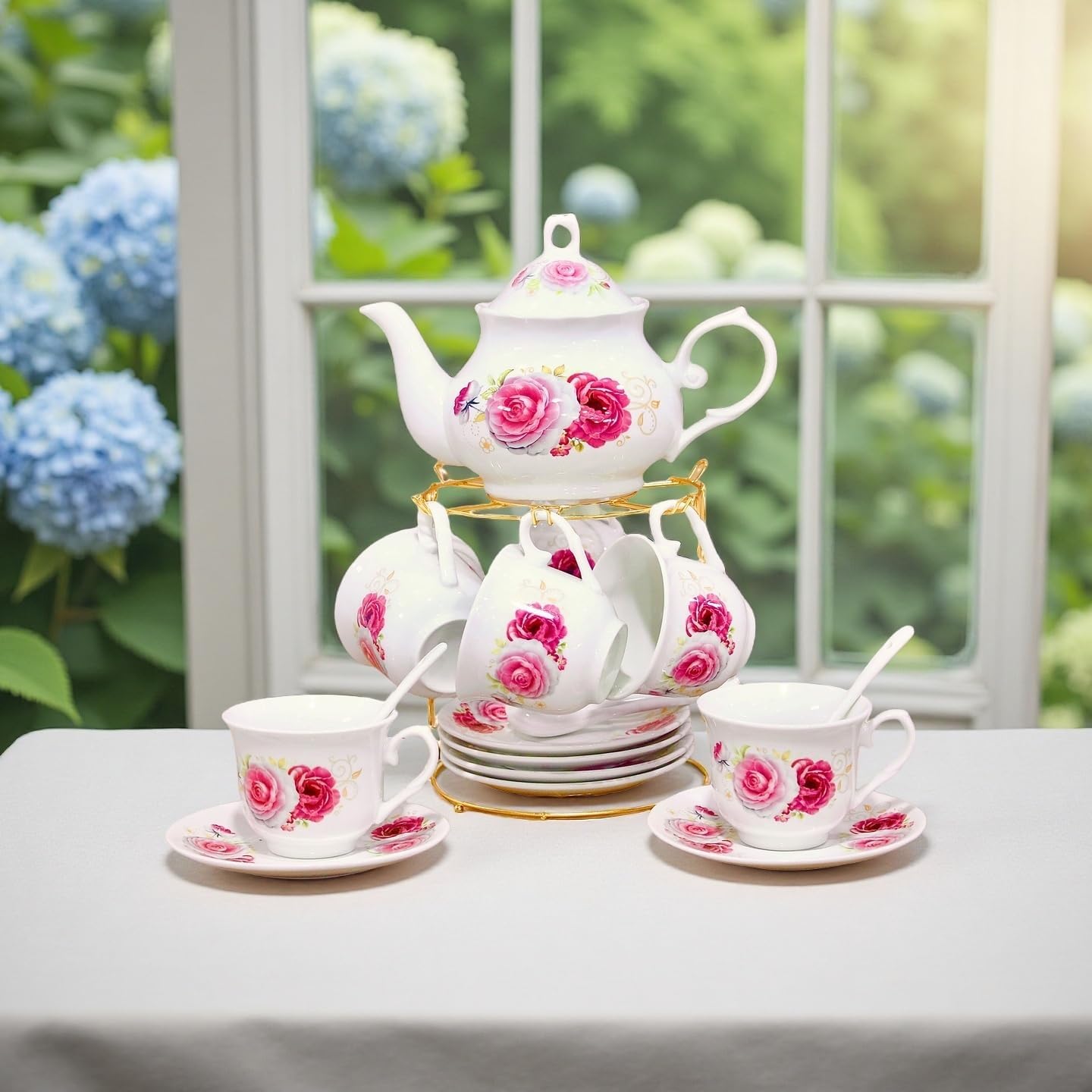 20-Pieces Porcelain Tea Sets For Women, Tea Set For Adult with Golden Metal Rack,Tea Gift Sets for Home&Party(014)