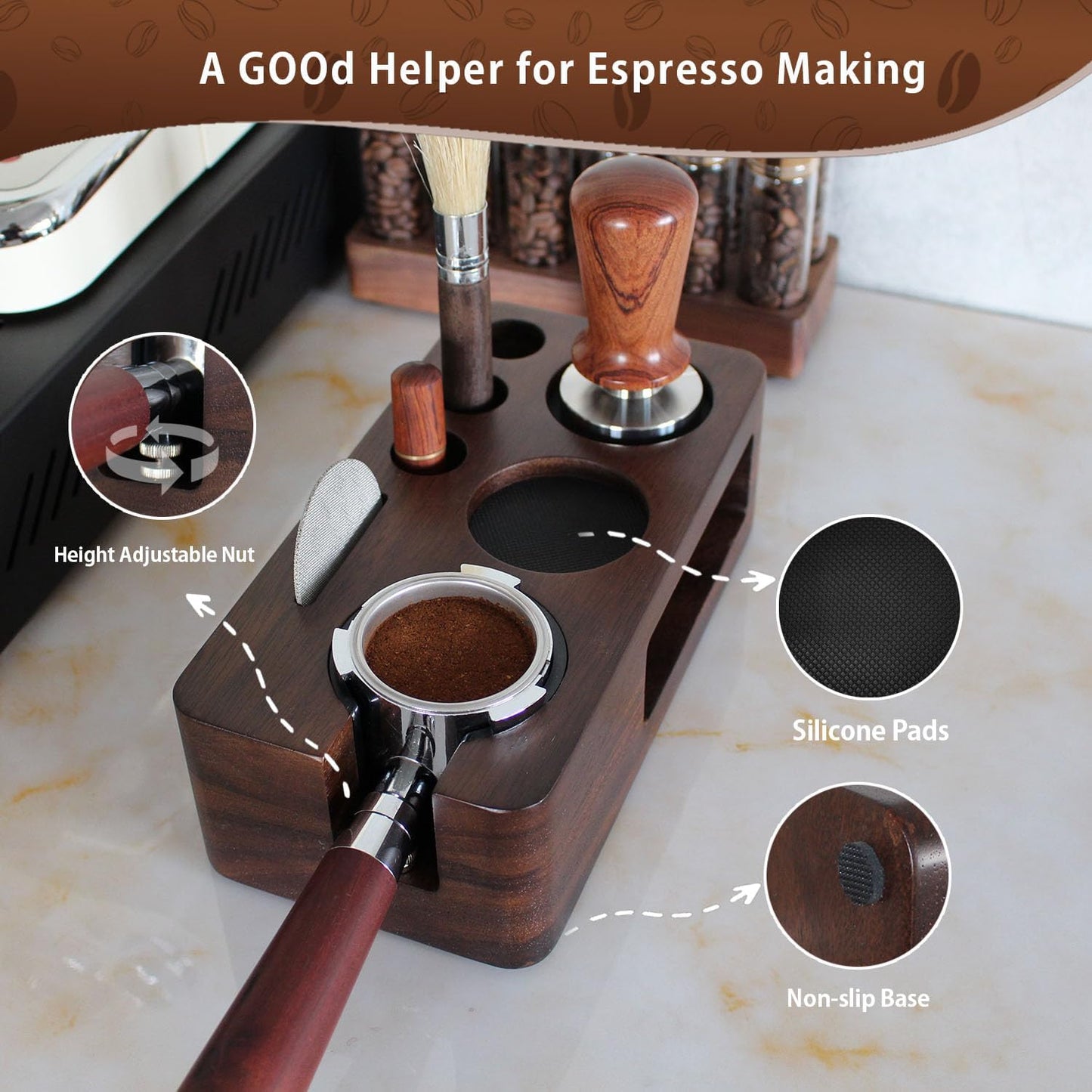 Espresso Tamping Station,Multifunctional Tamping Station,Non-slip Tamper Station,Espresso Station fit for storage 51-58mm Tamper Distributor Portafilter,Walnut Tamper Holder,Coffee Portafilter Holder