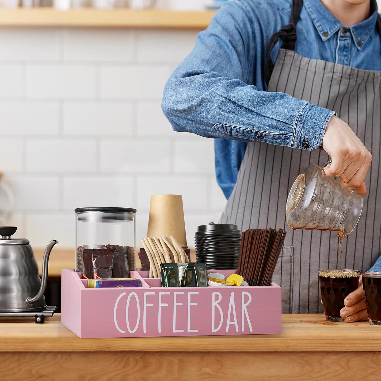 ALELION Pink Coffee Station Organizer for Countertop - 7 Compartments Coffee Bar Accessories and Organizer with Removable Dividers - for Pink Kitchen Coffee Bar Decor