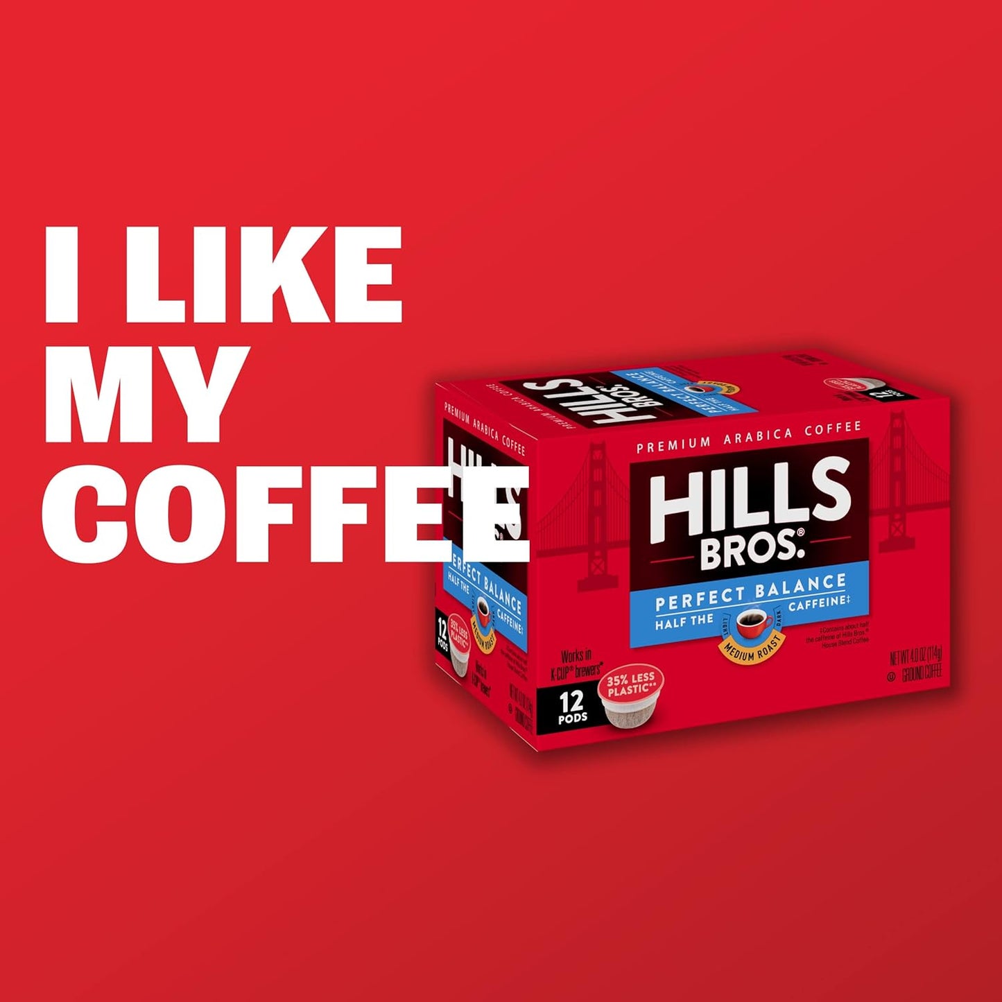 Hills Bros Single Serve Coffee Pods, Perfect Balance, Medium Roast Coffee, 12 Count-Keurig Compatible, Roasted Arabica Coffee Beans, Less Caffeine, Full-Body Flavor
