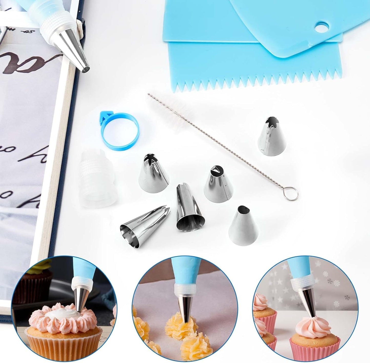 34-Piece Cake Decorating Kit – Piping Bags and Tips Set with 24 Stainless Steel Tips, 2 Reusable Silicone Piping Bags, 3 Smoothers, 2 Couplers, 2 Bag Ties, and 1 Brush for Baking & Cake Decorating