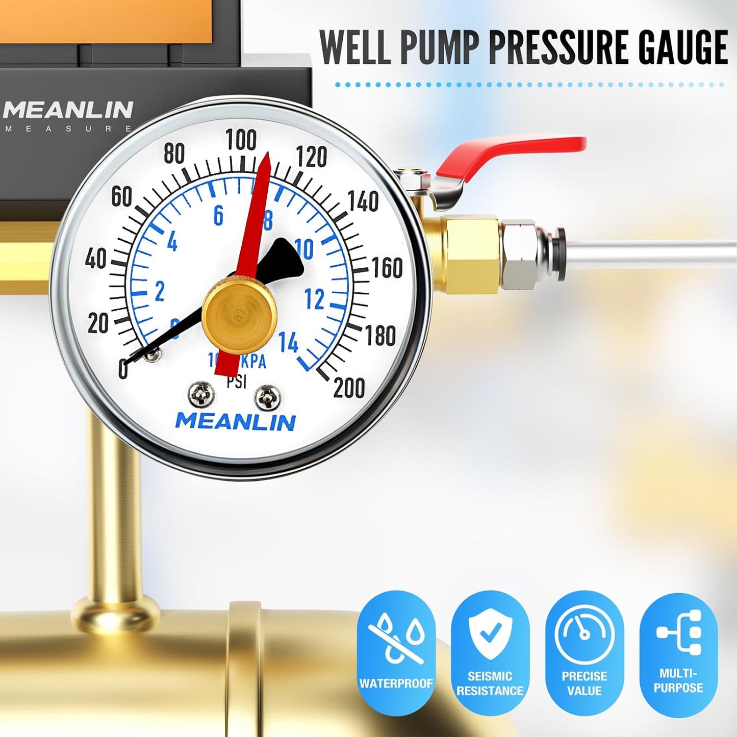 MEANLIN MEASURE 0-200Psi 2" DIAL FACE 1/4" NPT Well Pump Pressure Gauge with 1/2" NPT and 3/8" NPT Adaptor, 3-2-3% Accuracy,with Red Pointer Center Back Mount