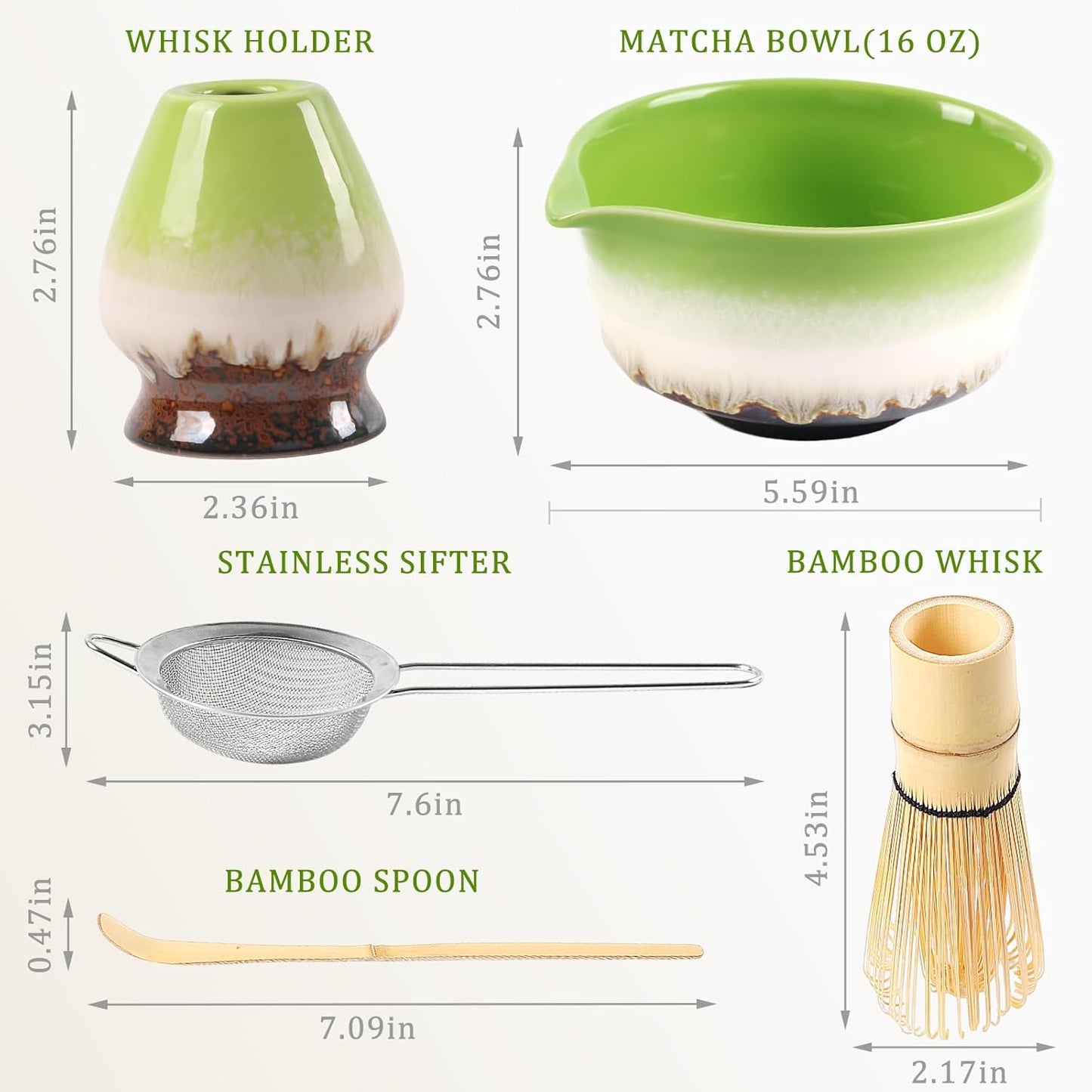 Matcha Set Includes Ceramic Matcha Bowl with Spout, Bamboo Whisk, Matcha Sifter, Matcha Whisk Holder, Bamboo Spoons, 5 Pieces Green Matcha Kit Gift for Tea Lovers