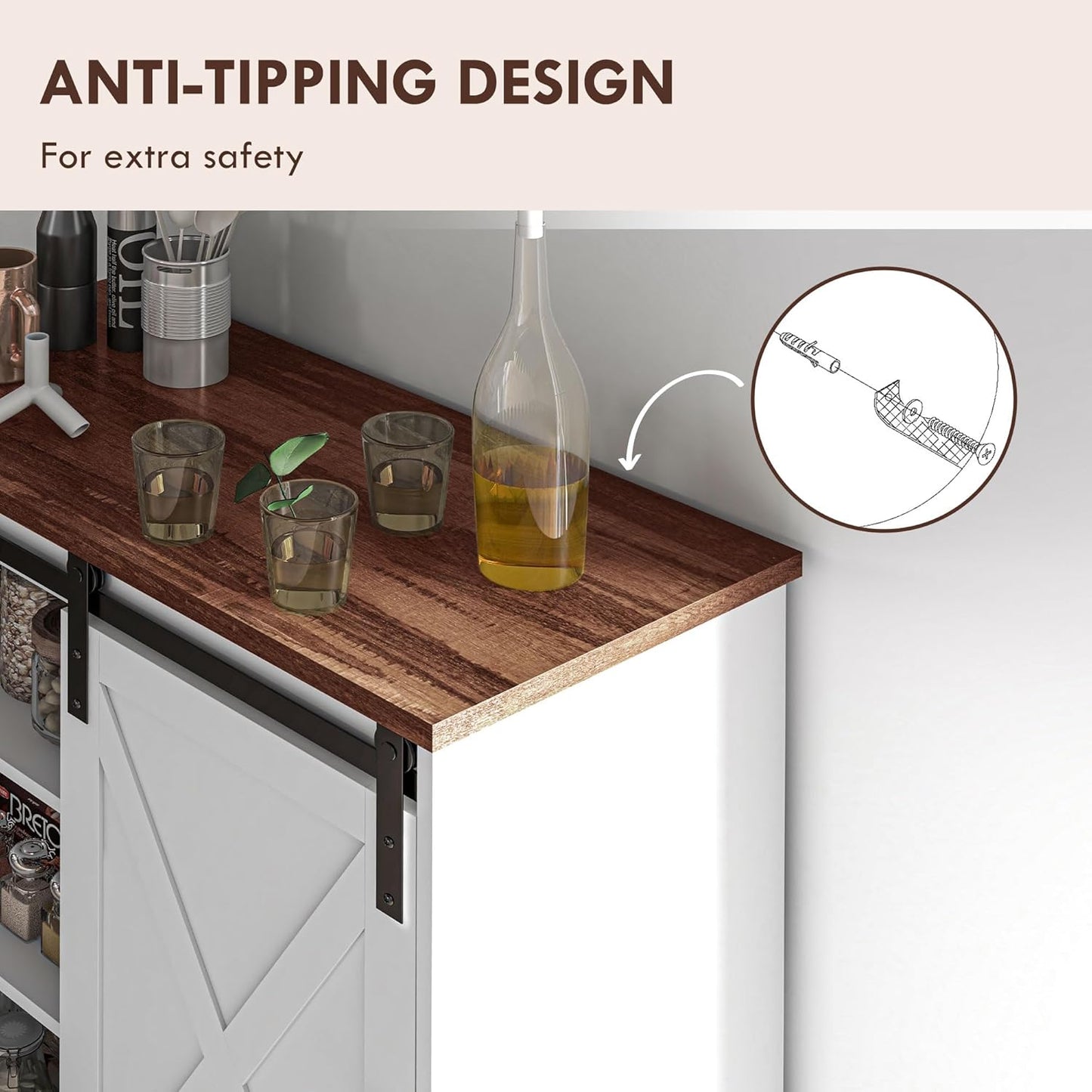 HOMCOM Farmhouse Coffee Bar Cabinet, 33" Buffet Sideboard with Sliding Barn Door and Adjustable Shelf, Kitchen Buffet Cabinet, White