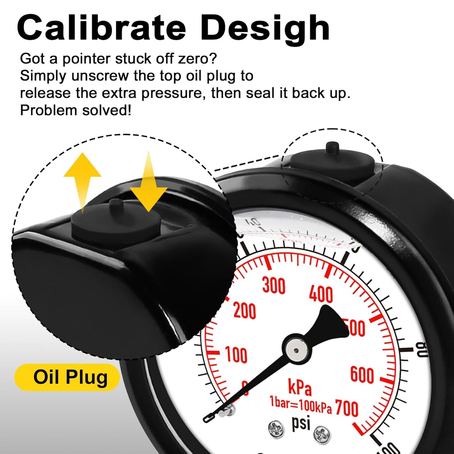0-100 Psi 2.5 Inch Pressure Gauge Stainless Steel Case, Liquid Filled,1/4" NPT Lower Mount, IP67 Waterproof, for Water Pump, Pneumatic Air, Well, RV Hose, Tank, Gas