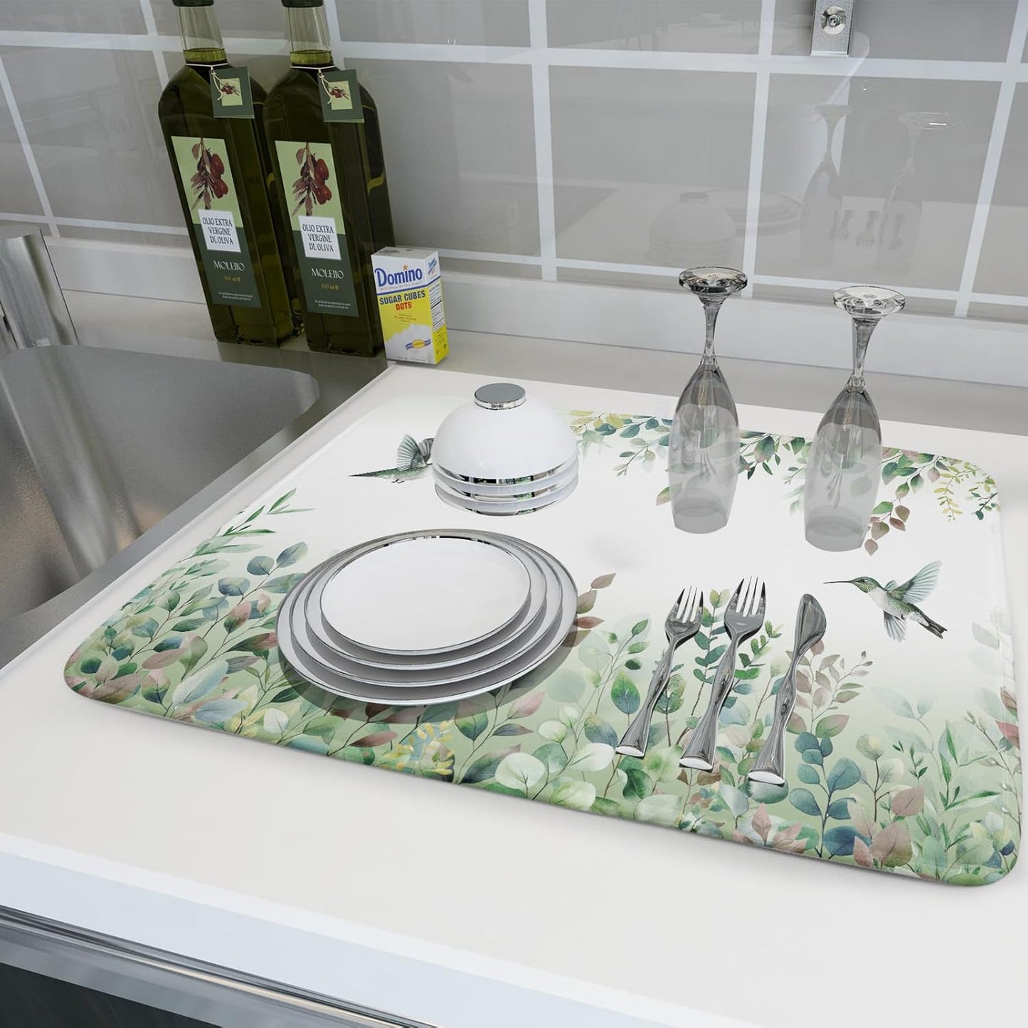 Giwawa Hummingbird Dish Drying Mat for Kitchen Countertop, Spring Summer Sage Green Eucalyptus Leaves Dish Drainer Mats, Herb Botanical Microfiber Dish Drying Pad Home Decor, 18"x24", Large