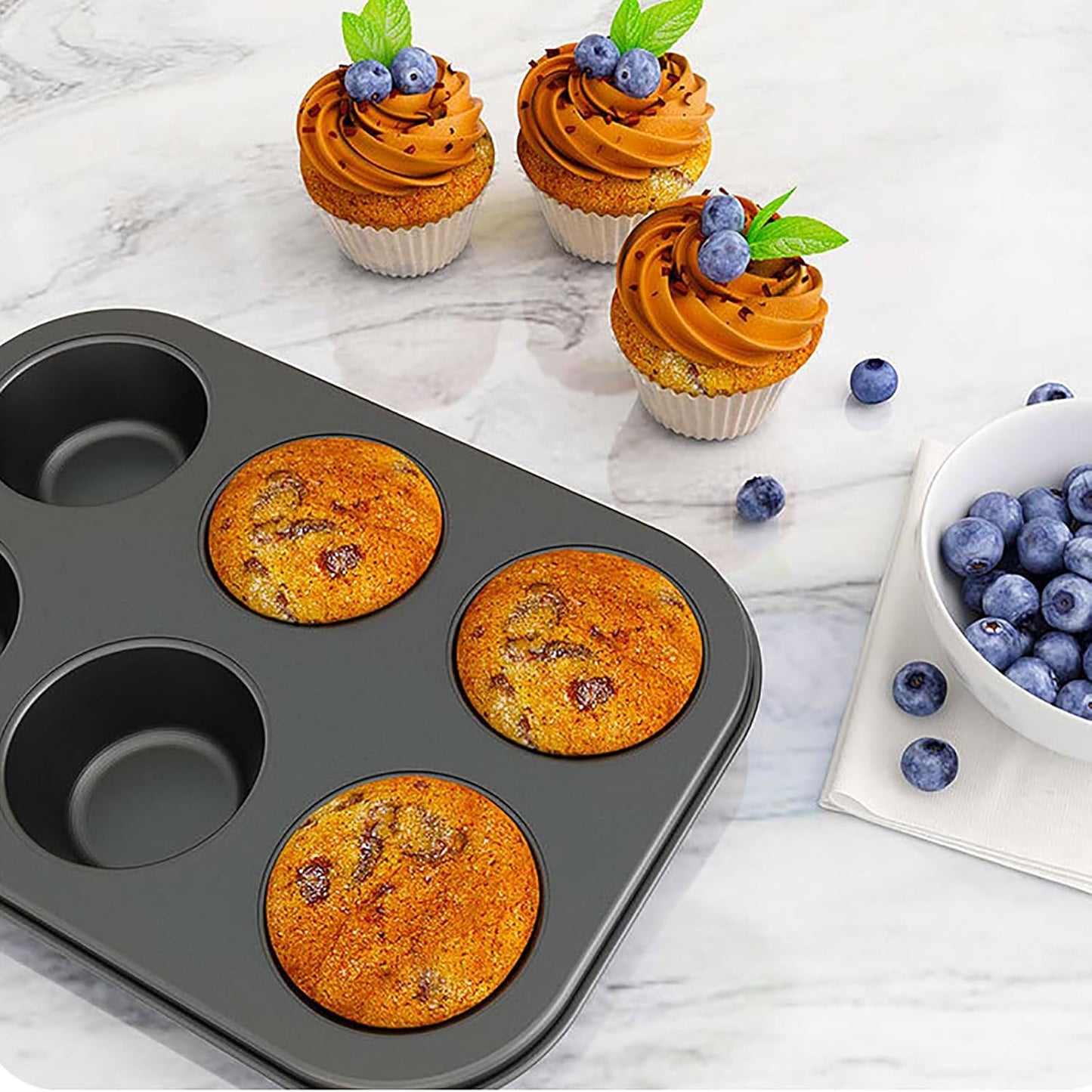 2 Packs Nonstick Round Muffin Baking Pan Tin, 6-Cup Muffin Tin, Cupcake Pans, Cheesecake Pans, Carbon Steel, Black