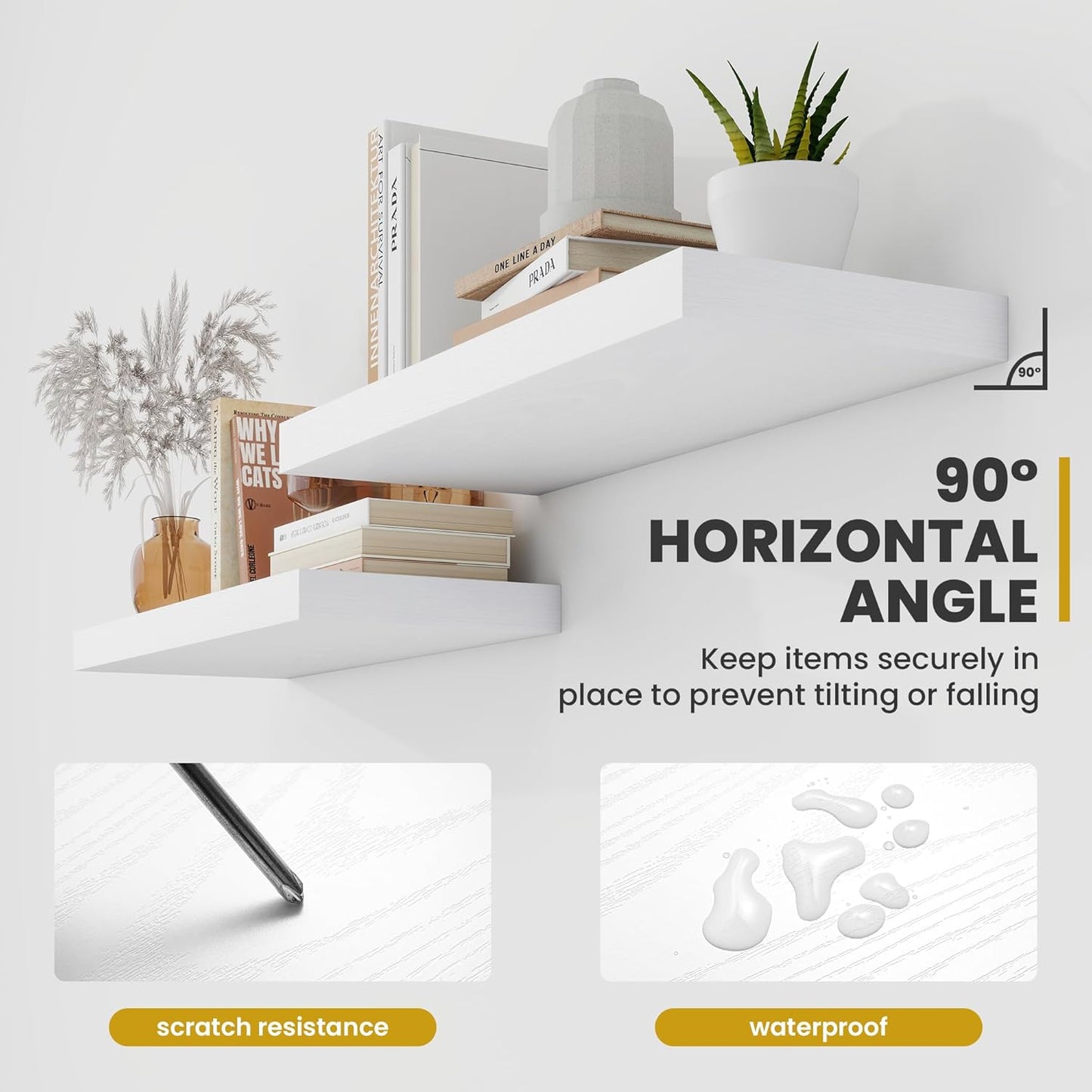 40 Inch Floating Shelves, 9.3" Deep Floating Shelf Wall Mounted, 40" Wall Shelves, Rustic Deep Bookshelf, Large Display Shelves & Storage Shelves for Bedroom, Living Room, White, Set of 2