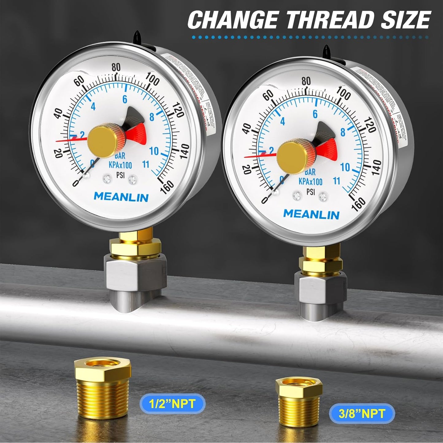 MEANLIN MEASURE 0~160Psi Stainless Steel 1/4" NPT 2.5" FACE DIAL with Reset Pointer Liquid Filled Pressure Gauge WOG Water Oil Air, Lower Mount, with 1/8" x 1/4" NPT and 1/8" x 3/8" NPT Hex Bushing