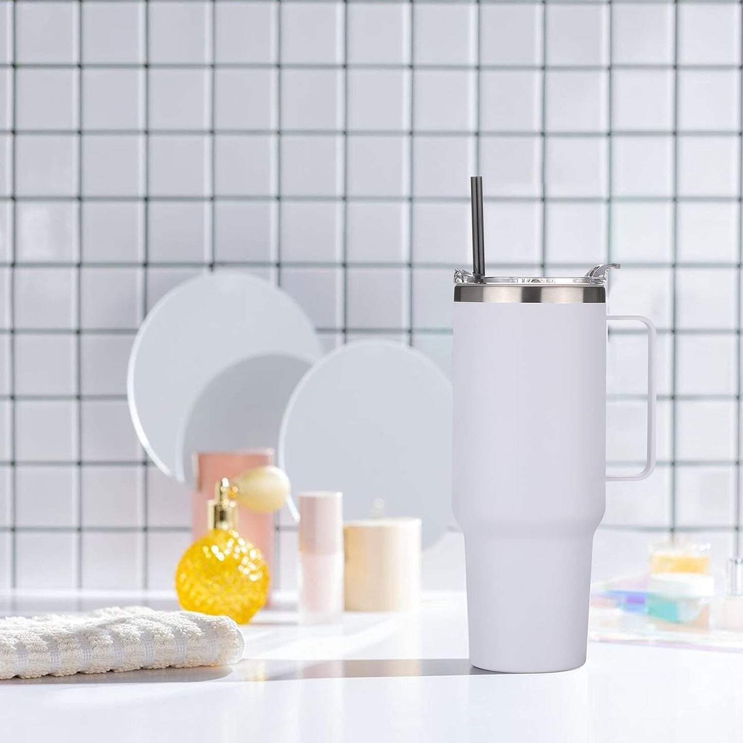 HASLE OUTFITTERS 40 oz Stainless Steel Tumbler with Handle, Vacuum Insulated Tumblers Bulk, Reusable Double Wall Travel Coffee Mug, Durable Powder Coated Water Bottles(White, 8)