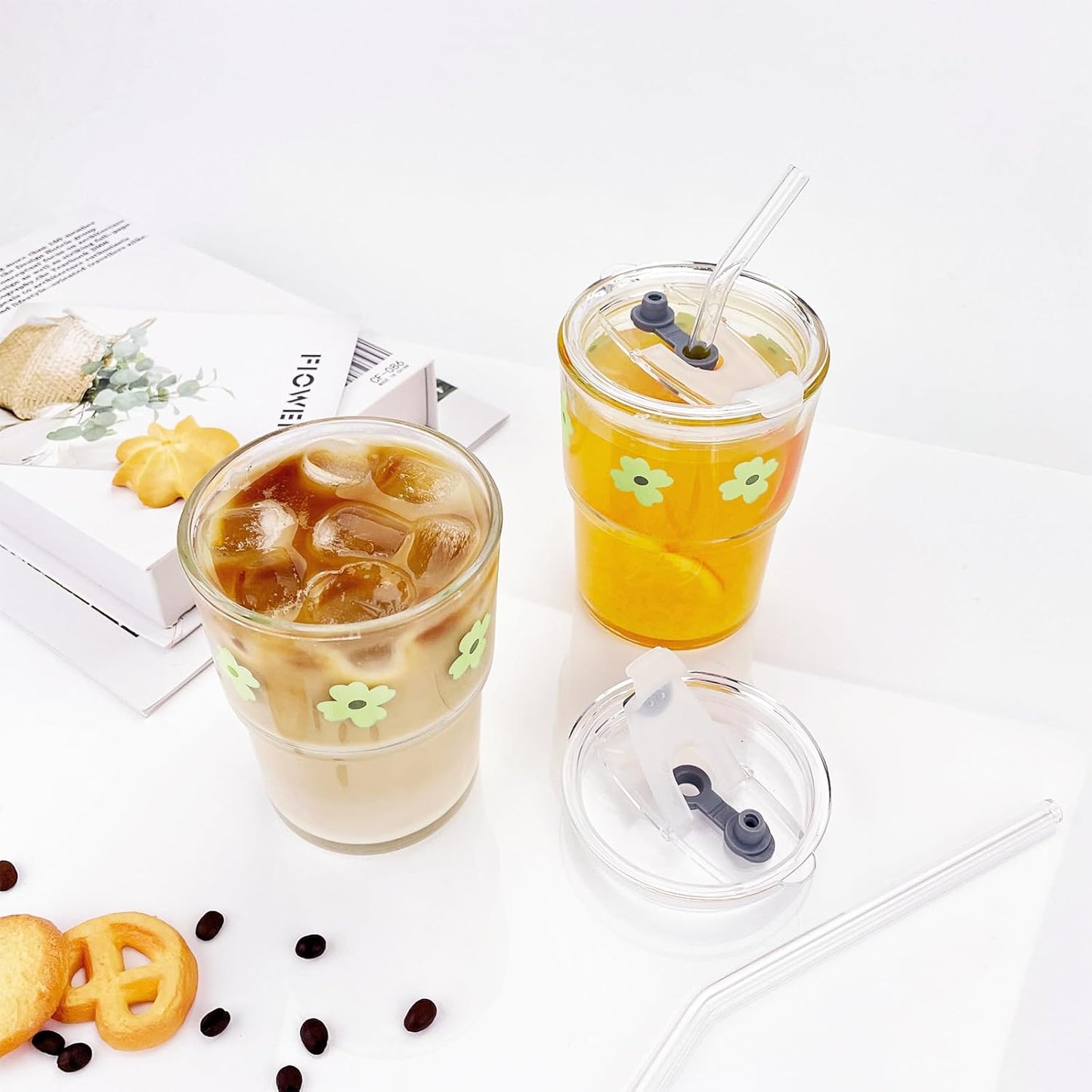 Iced Coffee Cup, 15Oz/450ml Glass Cups With Lids And Straws, Iced Coffee Glasses Tumbler, Thick Wall Glass Mug For Tea Water With 2 Straw, Coffee Tumbler Gifts