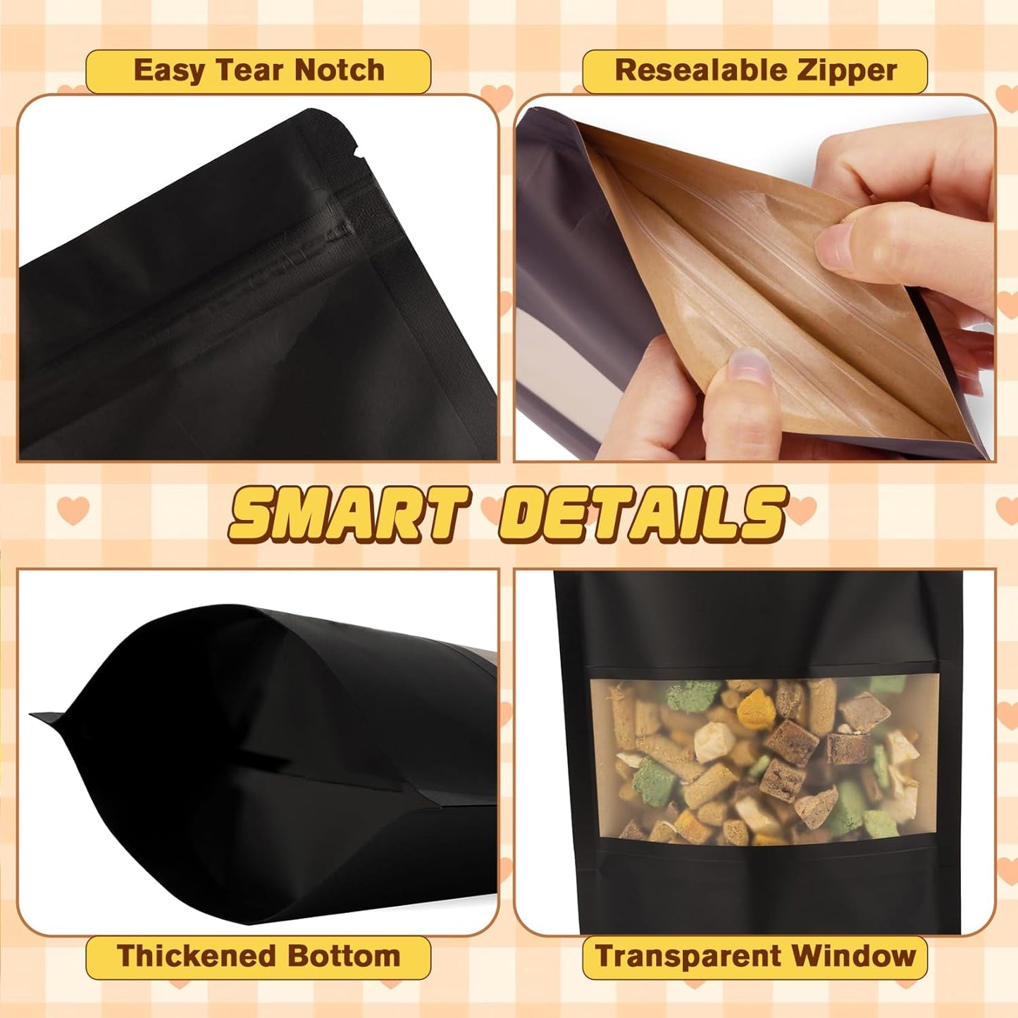 Resealable Smell Proof Bag, 50 Pcs Zip Lock Bags with Window, Reusable Snack Bags, Stand Up Pouches Heat Sealable, Food Storage Baggies for Cookies, Herbs, Tea, Coffee, Spice, Jerky