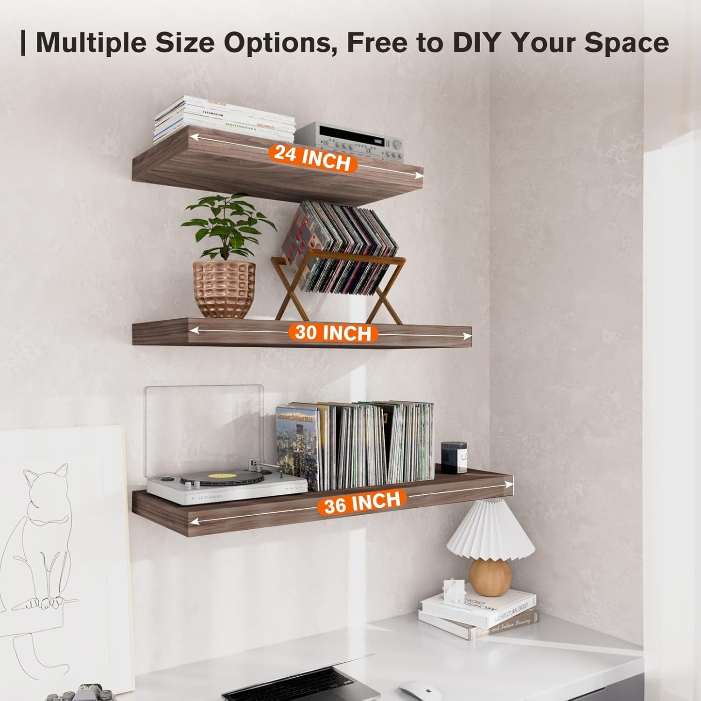 Floating Shelf, Set of 3 Wall Shelf, 24 in W x 12.75 in D x 2 in H Wooden Floating Wall Shelf with Invisible Brackets for Living Room/Bedroom/Bathroom/Kitchen Storage and Decor, Walnut
