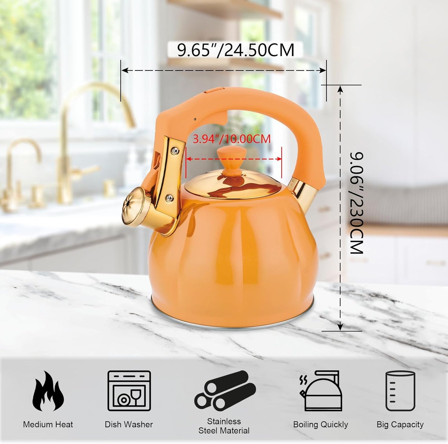Stainless Steel Tea Kettle for Stove Top Teakettles Stovetop Whistling with Heat Proof Ergonomic Handle 2.5 Quart