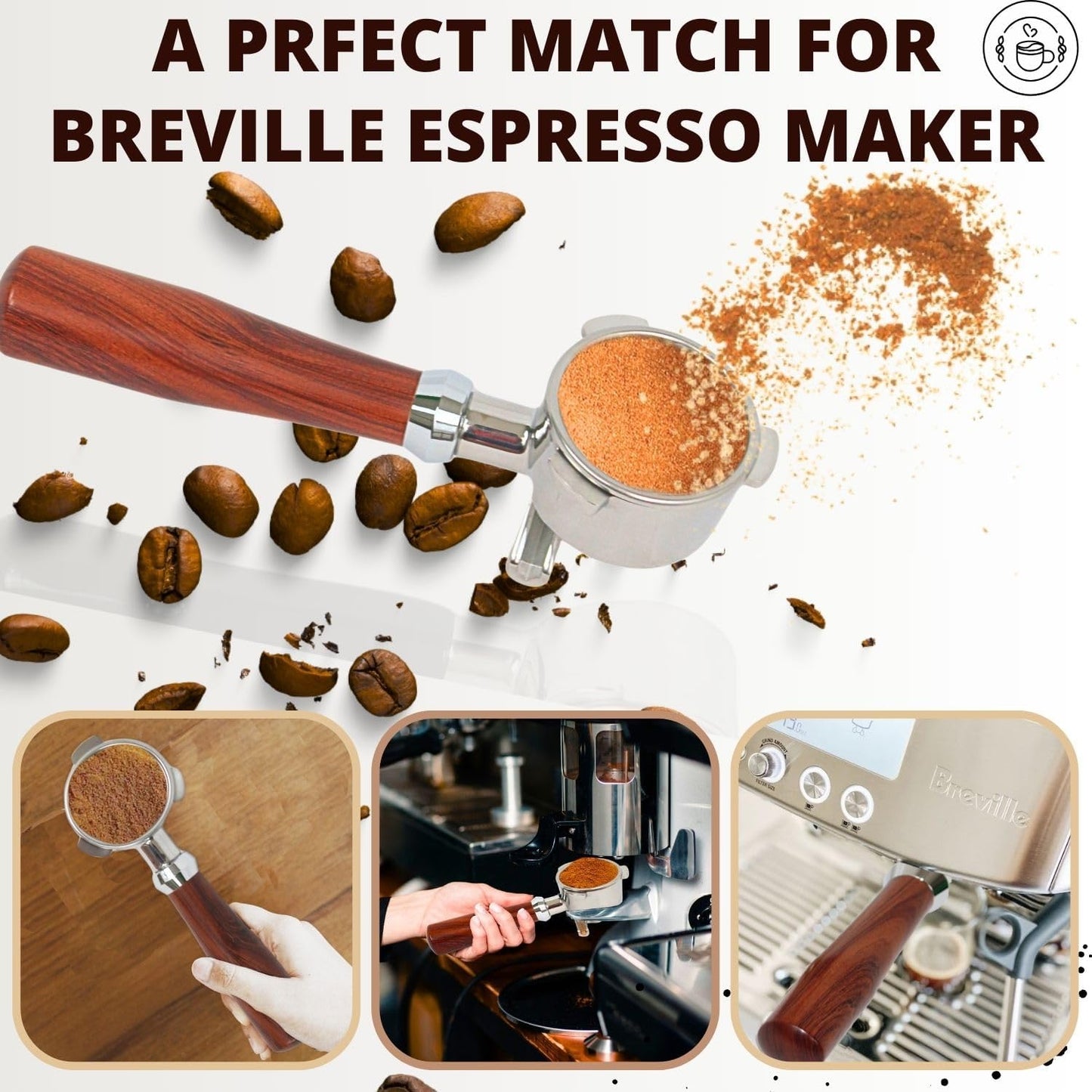 Espresso Portafilter 54mm Double Spout Compatible with Breville Bambino Plus (BES500) Infuser (BES840XL) 54mm Breville Barista Series- Wooden Handle - Stainless Steel Filter Basked Included