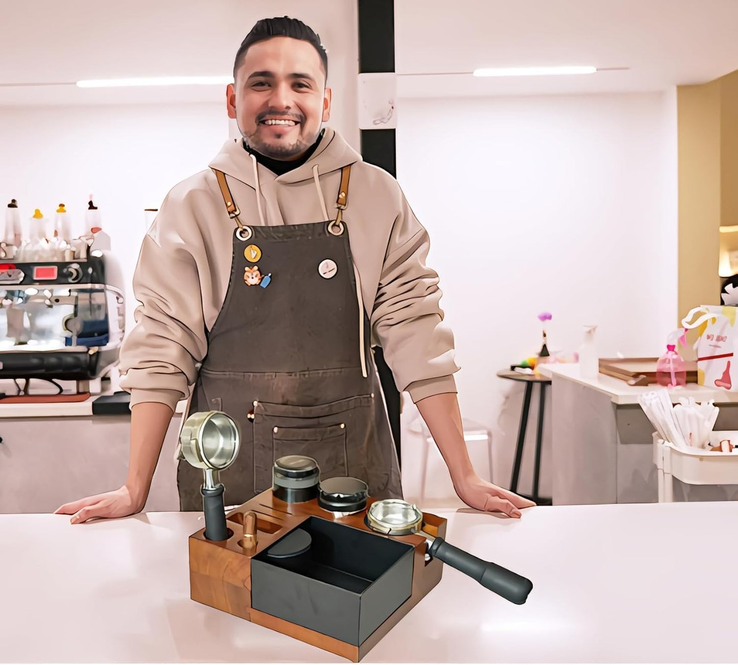 54mm Espresso Tamping Station Knock Box - 9 in 1 Coffee Knock Box And Tamp Station Espresso Organizer Box Fit for 51mm 53mm 54mm Espresso Portafilter Distributor Tamper Puck Screen Accessories Storage