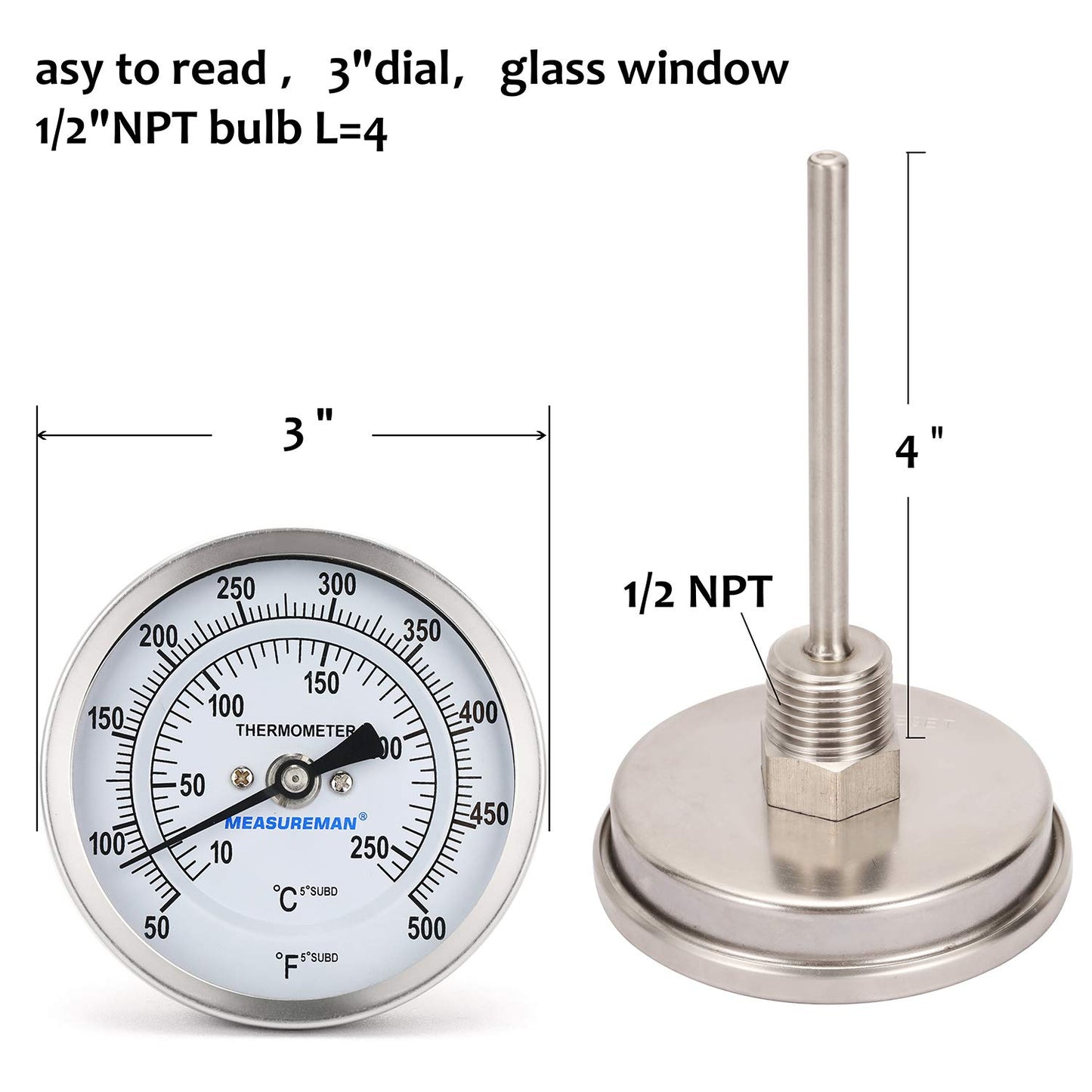 MEASUREMAN Fully Stainless Steel Bimetal Dial Thermometer, 3" Dial, 4" Stem, 50-550 deg F/10-260 deg C, -1% Accuracy, Adjustable, 1/2" NPT Back Mount