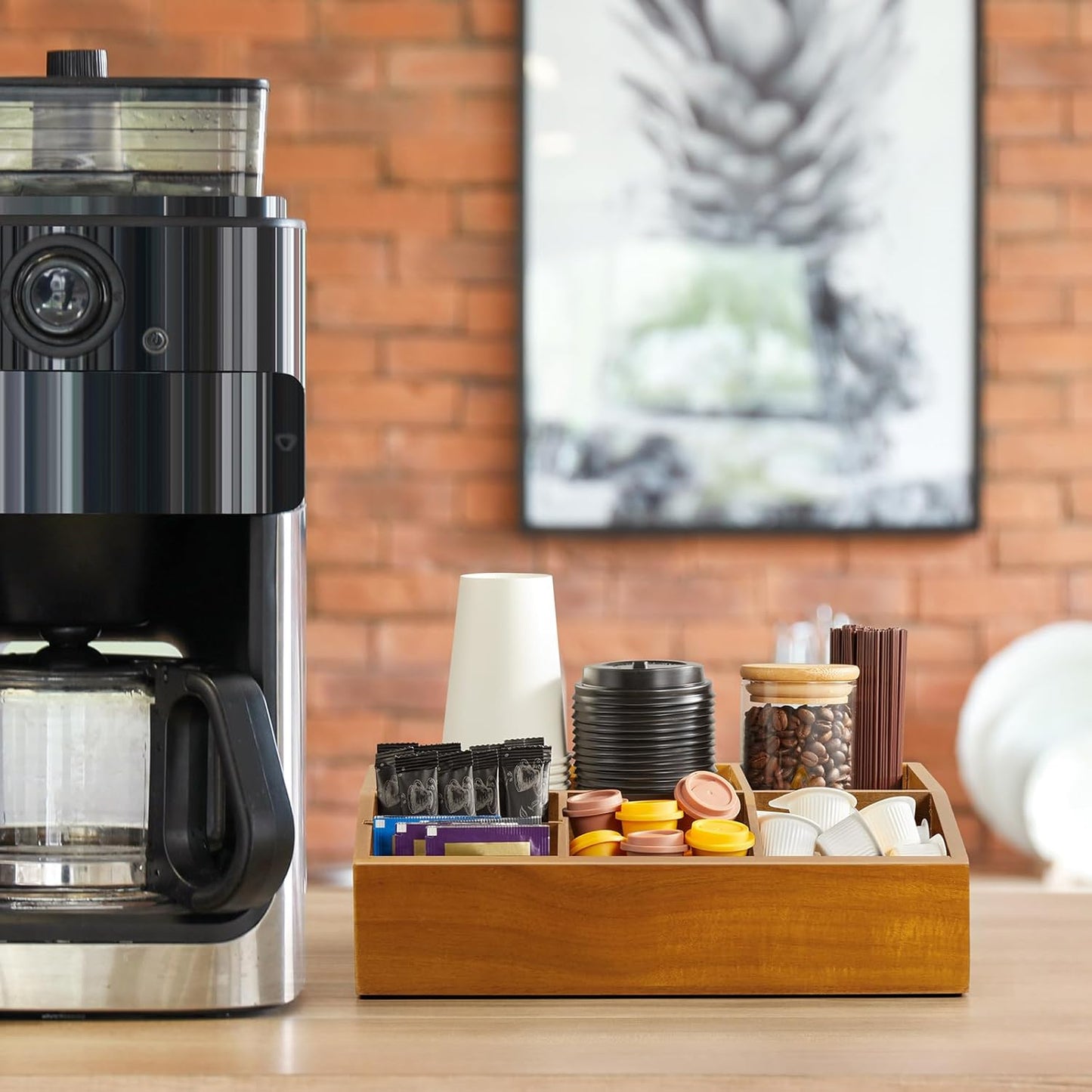 Acacia Wood Coffee Station Organizer for Countertop, Coffee Bar Accessories and Organizer, Pod Holder Storage Basket for K Cup Sugar Tea Bag