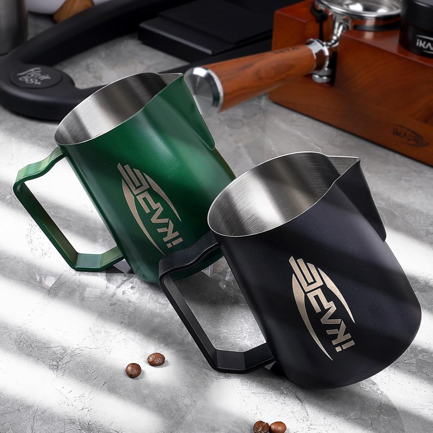 IKAPE Espresso Milk Pitcher, Espresso Steaming Pitcher with Sharp Spout for Espresso Barista Tool, 20.3 oz / 600ml Milk Frothing Jug (Black)