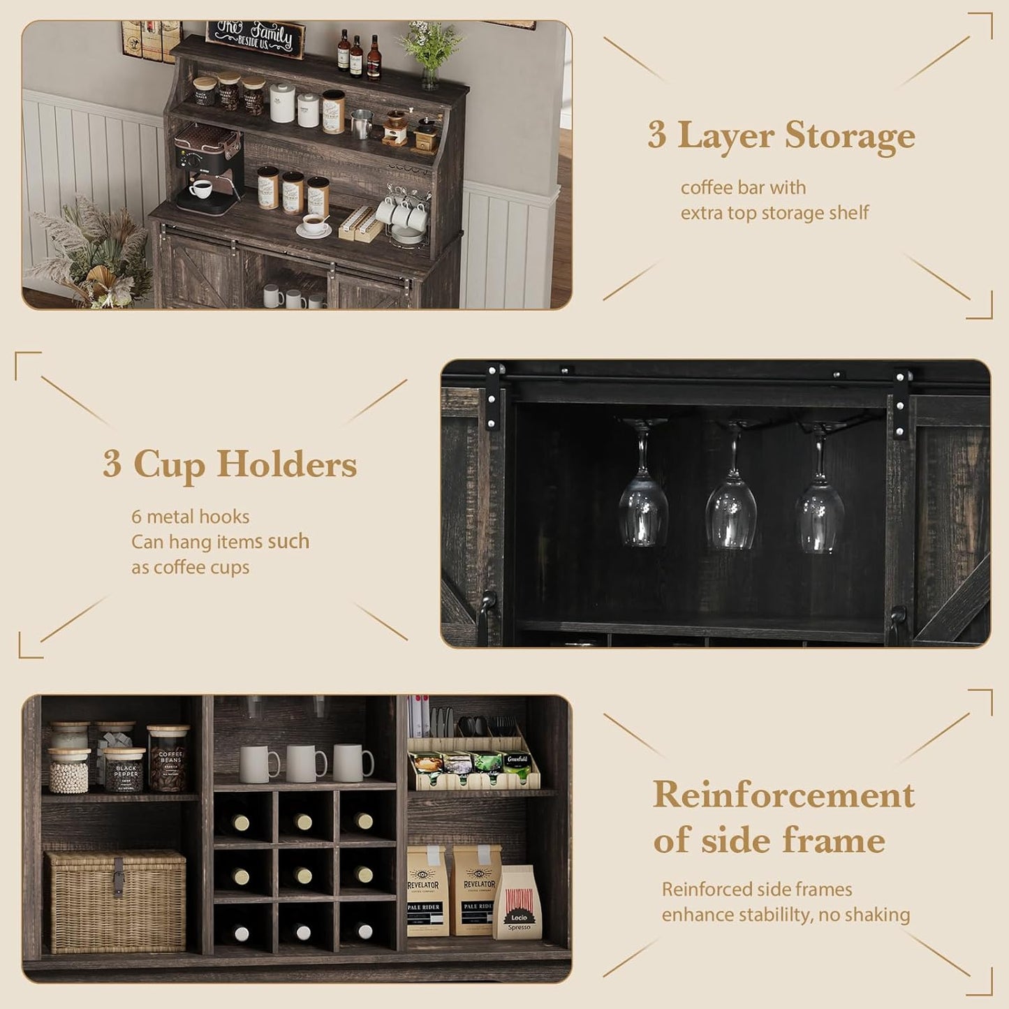 47 Inch Farmhouse Coffee Bar Cabinet with 3-Tier Storage, Kitchen Hutch with 9 Wine Racks & 3 Glass Holders, Coffee Bar with 6 Hooks, Wine Bar Cabinet for Dining Living Room, Rustic Oak