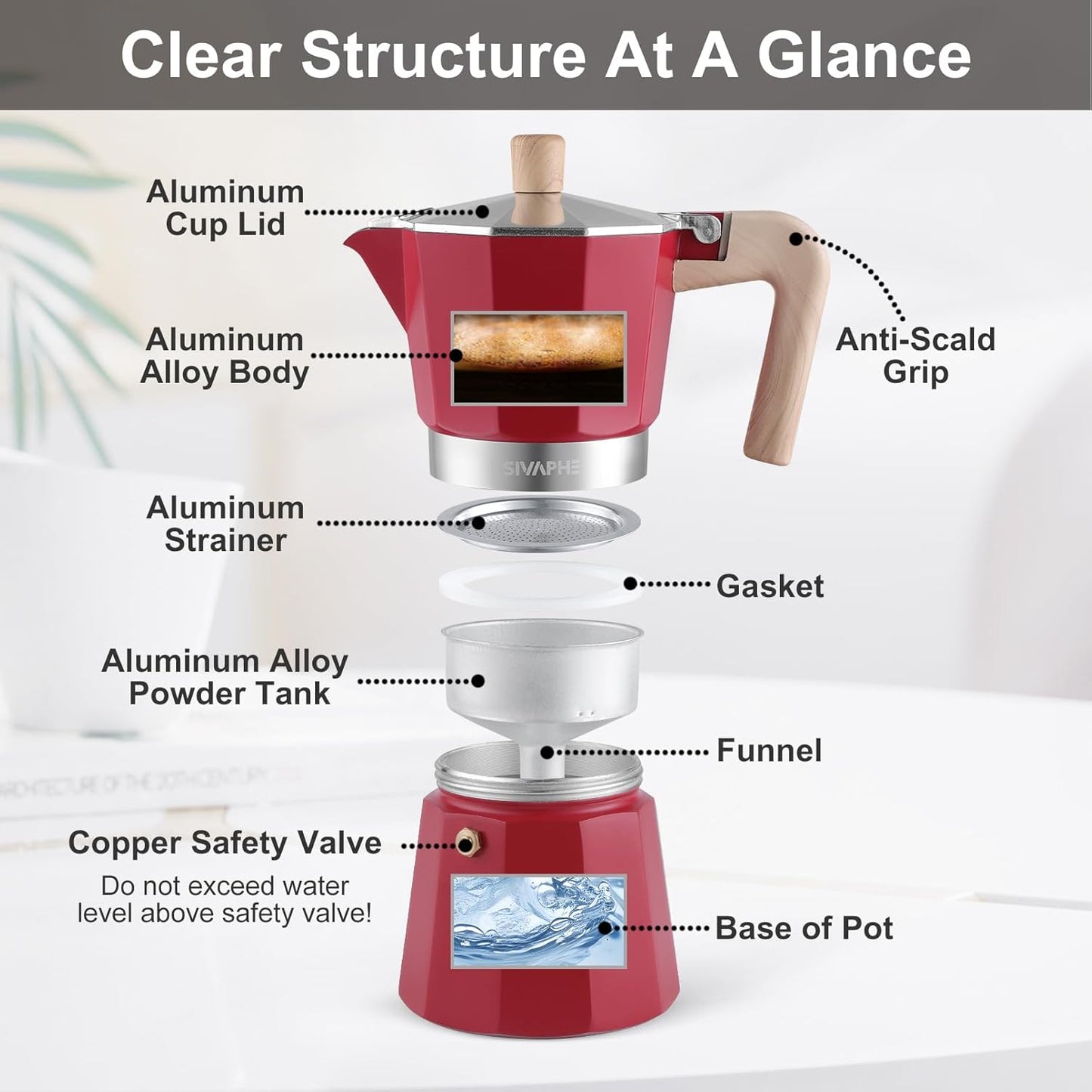 Sivaphe Aluminum Moka Pot 3 Espresso Cups, Percolator Espresso and Coffee Maker, Portable Stovetop Italian and Cuban Café Brewer for Home and Camping Red