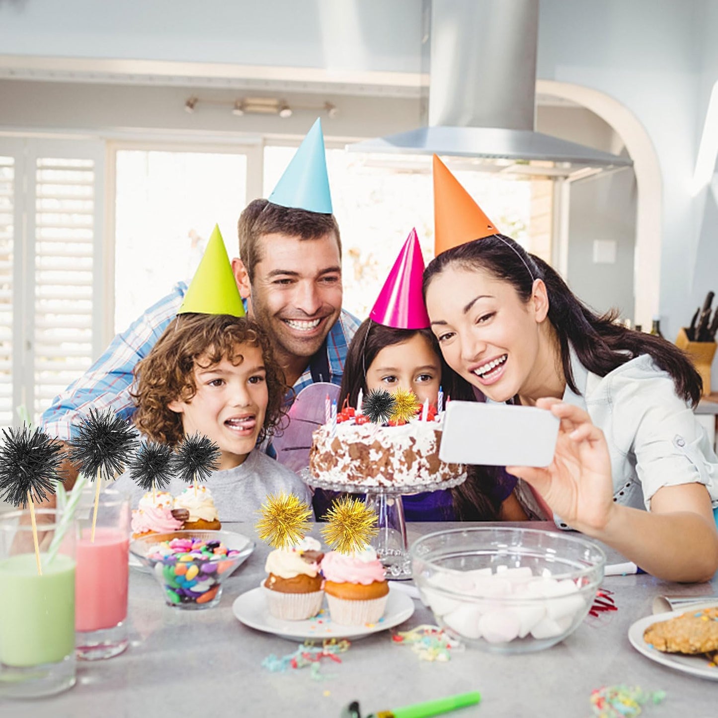 80 Pcs Firework Cupcake Topper Gold Graduation Cake Decorations Foil Frill Toothpicks for Party Decoration, Cake Toppers, Picnics, Bar, Birthday, Holiday (Black, Gold)