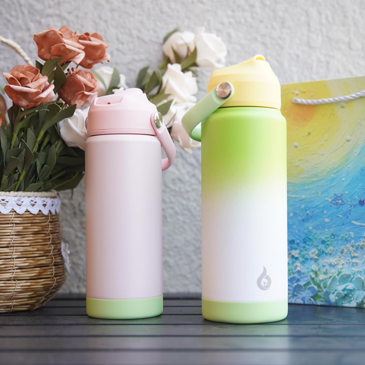 BJPKPK Insulated Water Bottle with Straw Lid, 18oz Thermos Water Bottles, Flex Handle & Non-slip Boot, BPA Free Leak Proof Stainless Steel Metal Thermos, Tumblers, Cups,Pearl Pink