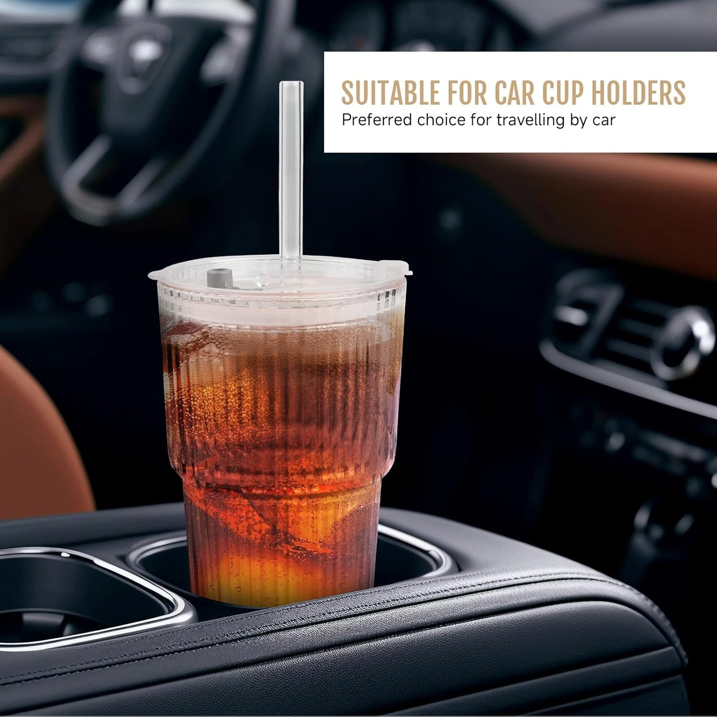 20oz Glass Cups with Lids and Straws, 4 Pack Vintage Ribbed Glass Tumblers for Iced Coffee, Smoothies, Thickened Wall Mason Jar Drinking Iced Coffee Cup