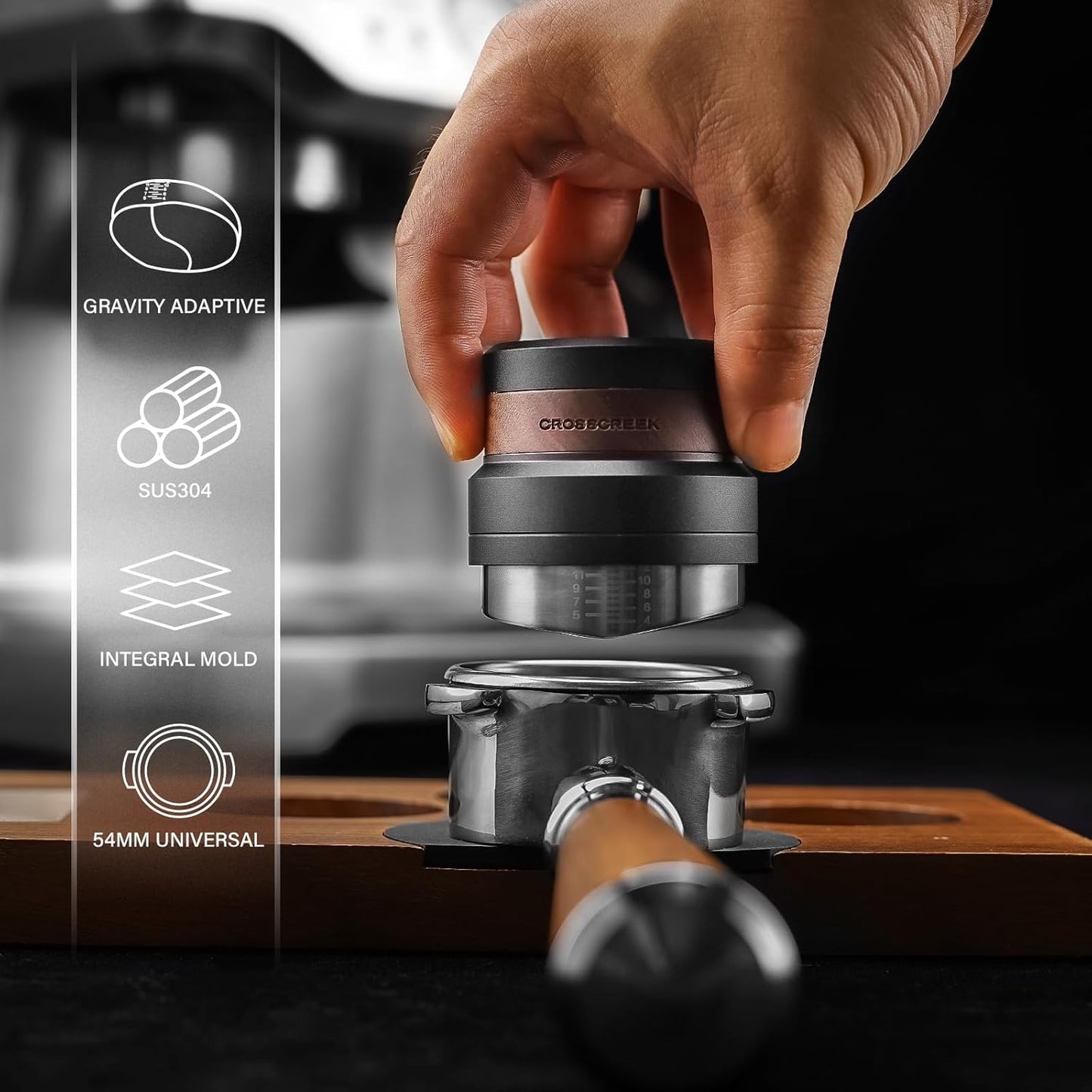 54mm Espresso Distributor | Gravity Adaptive Distribution Tools Fits 54mm Breville Espresso Portafilter | Self Leveling Distributor | Stainless Steel & Walnut | Espresso Machine Accessories