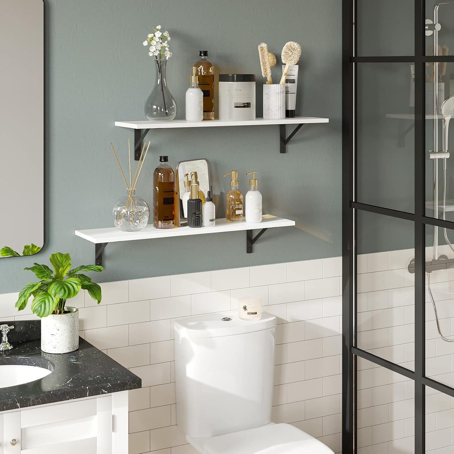 DINZI LVJ Long Wall Shelves, 31.5 x 7.9 x 6.1 Inches, Set of 2 White Floating Shelves, Easy-to-Install, Large Storage Ledges with Sturdy Metal Brackets for Living Room, Bathroom, Bedroom, Kitchen