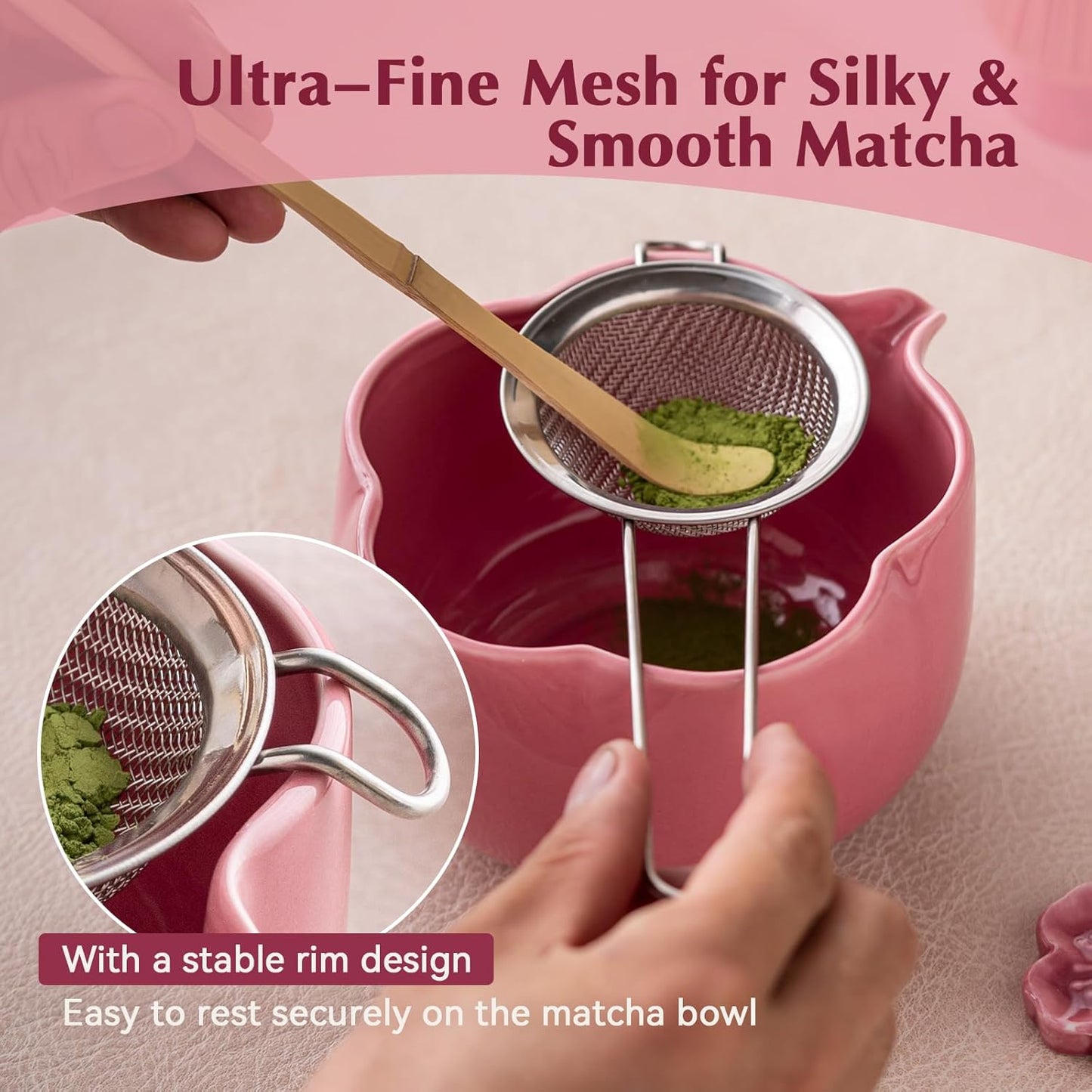 Matcha Set, 8Pcs Floral Ceramic Matcha Set with Matcha Whisk, Holder, Scoop, Scoop Rest, Sifter, Spoon and Tea Towel - Thoughtful Matcha Whisk Set Gift for Matcha Lovers (Pink)