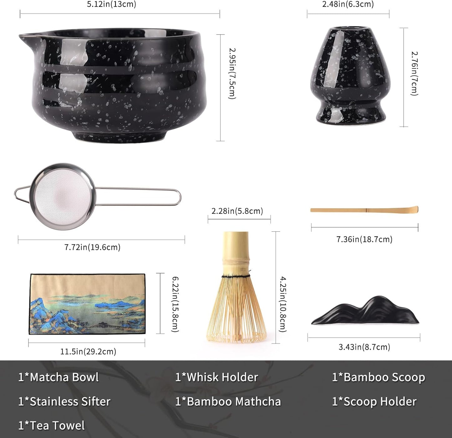 Japanese Matcha Whisk Set - 7-Piece Kit Bamboo Chasen, Ceramic Bowl with Spout, Stainless Steel Sifter & Holder Black