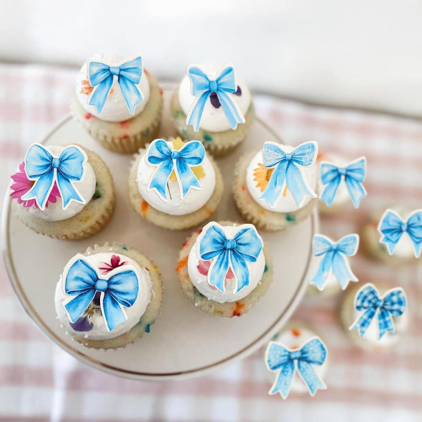 Gyufise 50Pcs Edible Blue Bowknot Cupcake Toppers Wafer Paper Bowknot Cake Dessert Picks Baby Shower Princess Cupcake Toppers for Birthday Party Decoration Supplies